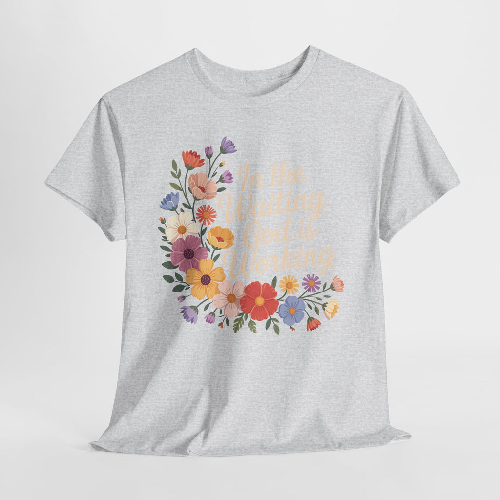 Pastel Floral “In the Waiting God Is Working” Unisex Cotton T-Shirt