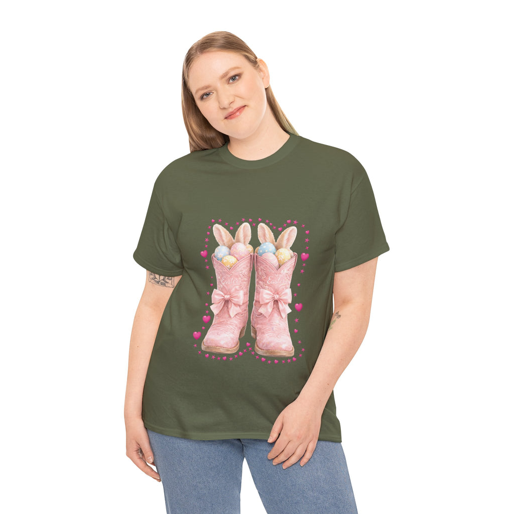 Easter Pink Western Boots Tee — Pastel Bunny Eggs & Bows Unisex Cotton Tee