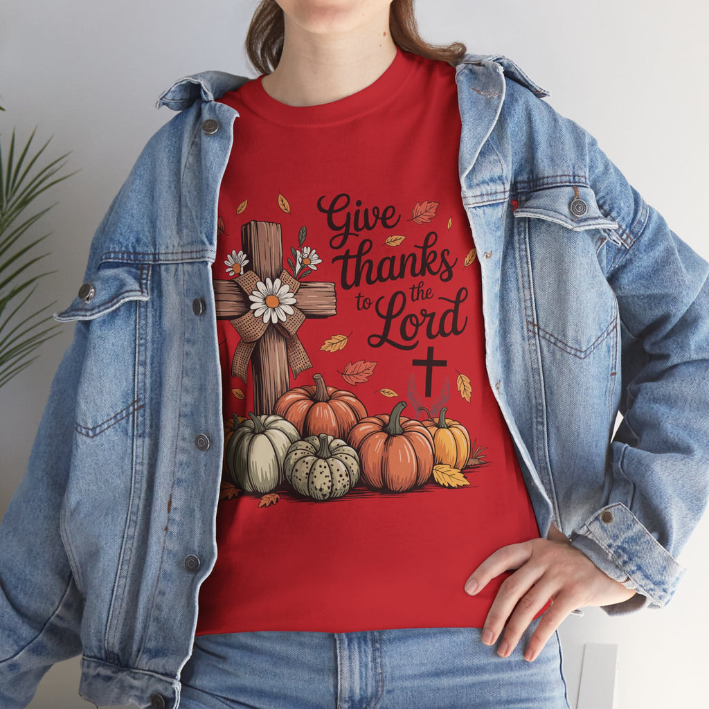 Give Thanks to the Lord Autumn Tee — Wooden Cross, Pumpkins & Daisies..Unisex Cotton Tee