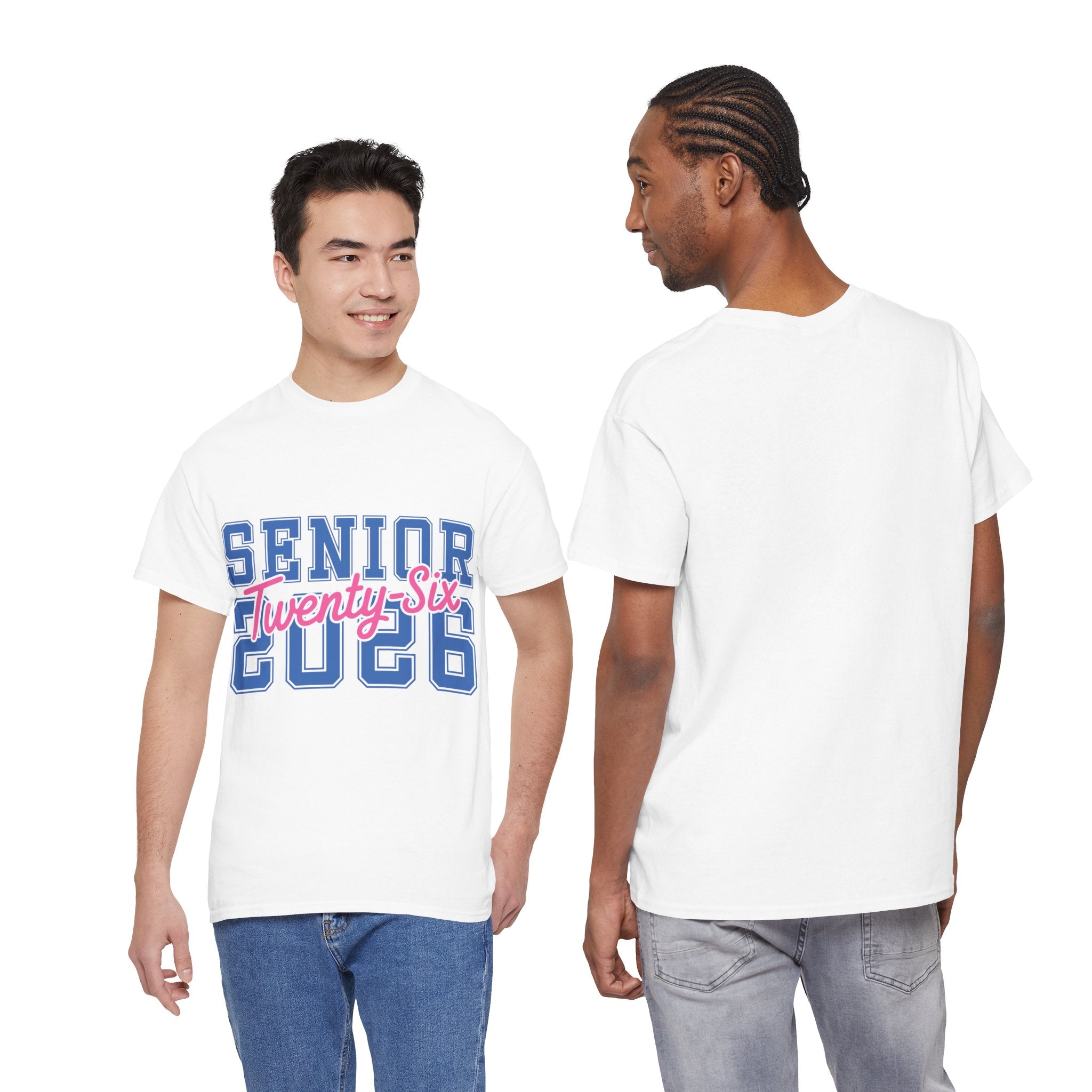 Senior 2026 Tee — Pink Varsity Block with Blue Script Overlay Unisex Cotton Tee