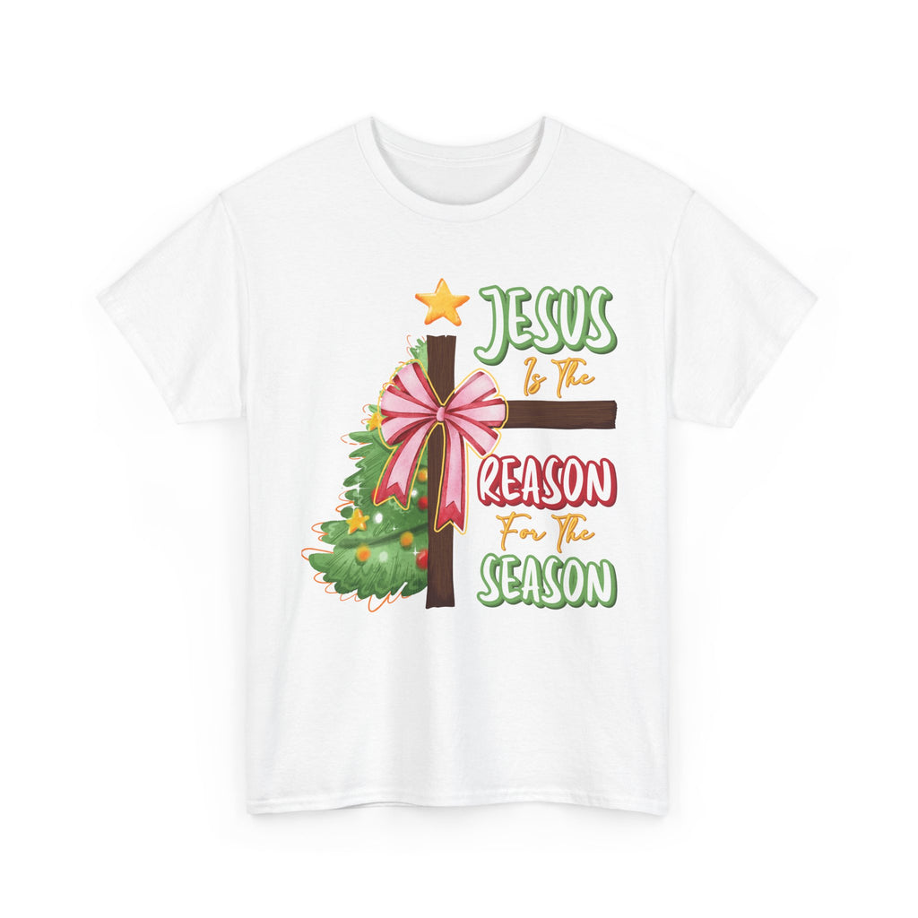 Jesus Is the Reason for the Season Christmas Tee — Cross with Pink Bow & Tree. Unisex Cotton Tee