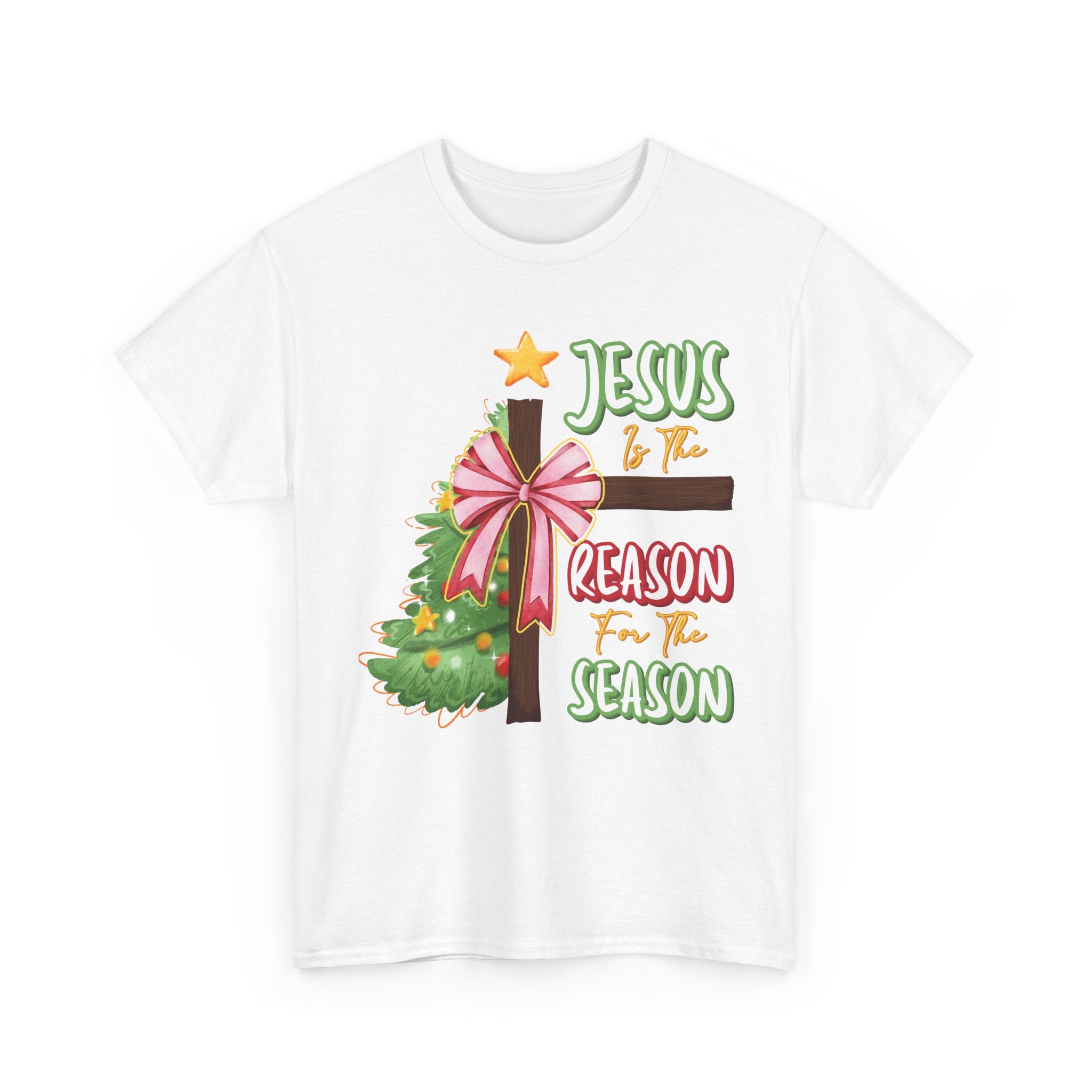 Jesus Is the Reason for the Season Christmas Tee — Cross with Pink Bow & Tree. Unisex Cotton Tee
