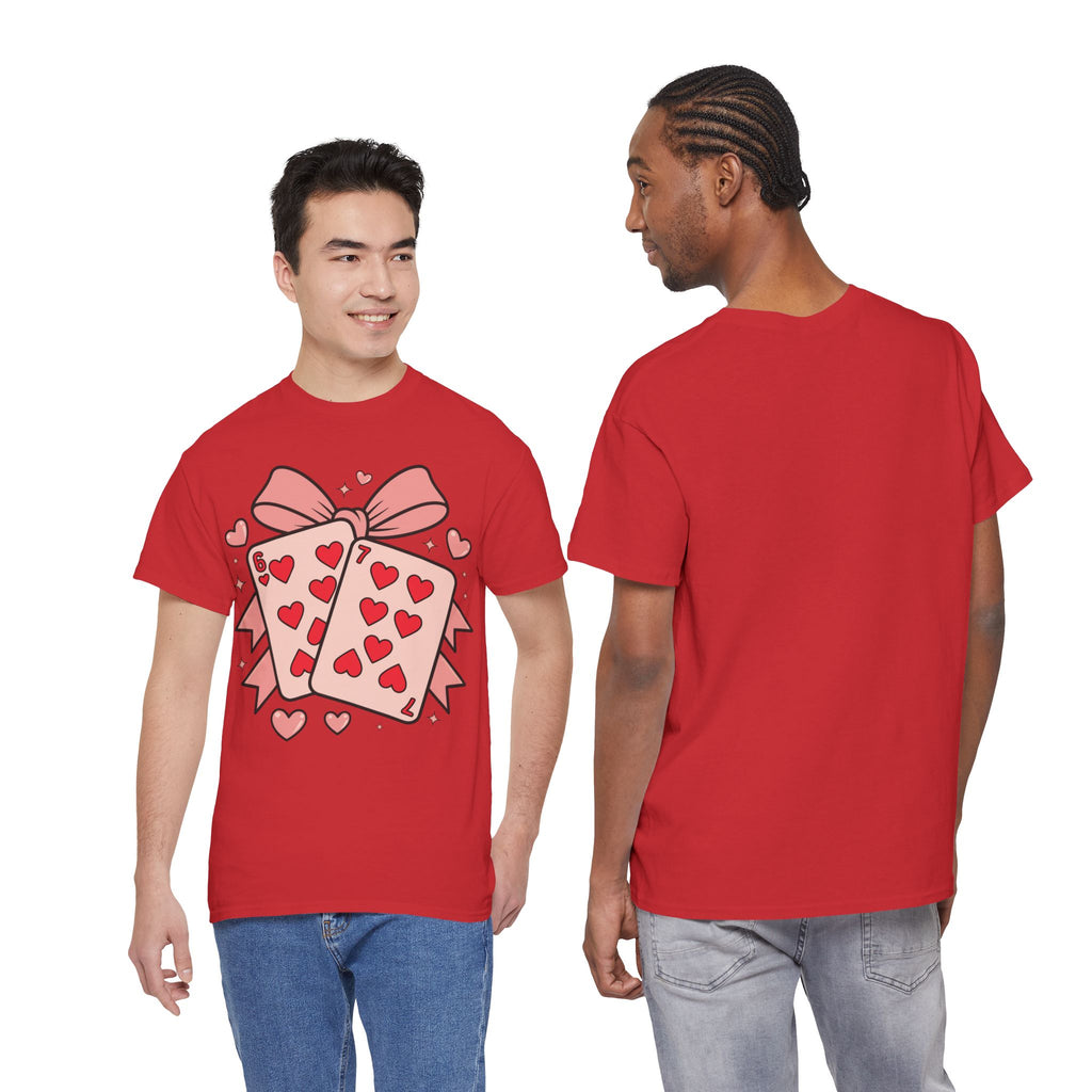 6 & 7 of Hearts T-Shirt — Paired Playing Cards with Pink Bow Unisex Cotton Tee