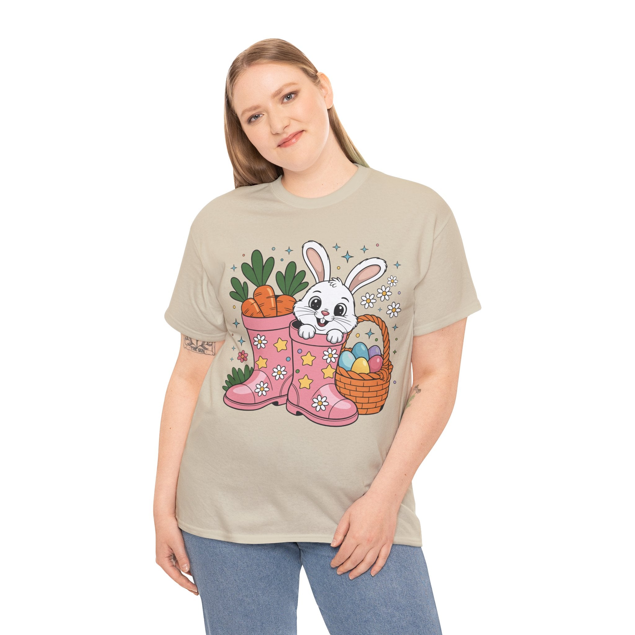 Easter Bunny in Pink Rain Boots T-Shirt — Cartoon Bunny, Carrots & Colorful Eggs Unisex Cotton Tee