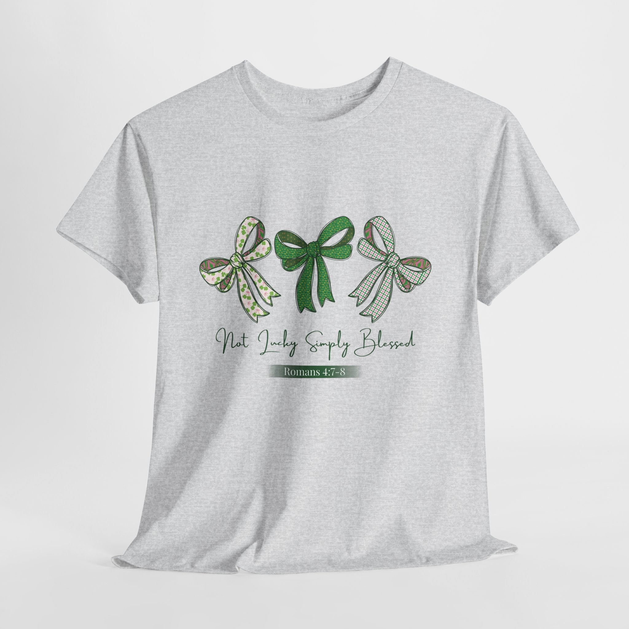 Not Lucky Simply Blessed Tee — Romans 4:7-8 Green Bow Christian Unisex Cotton T-Shirt