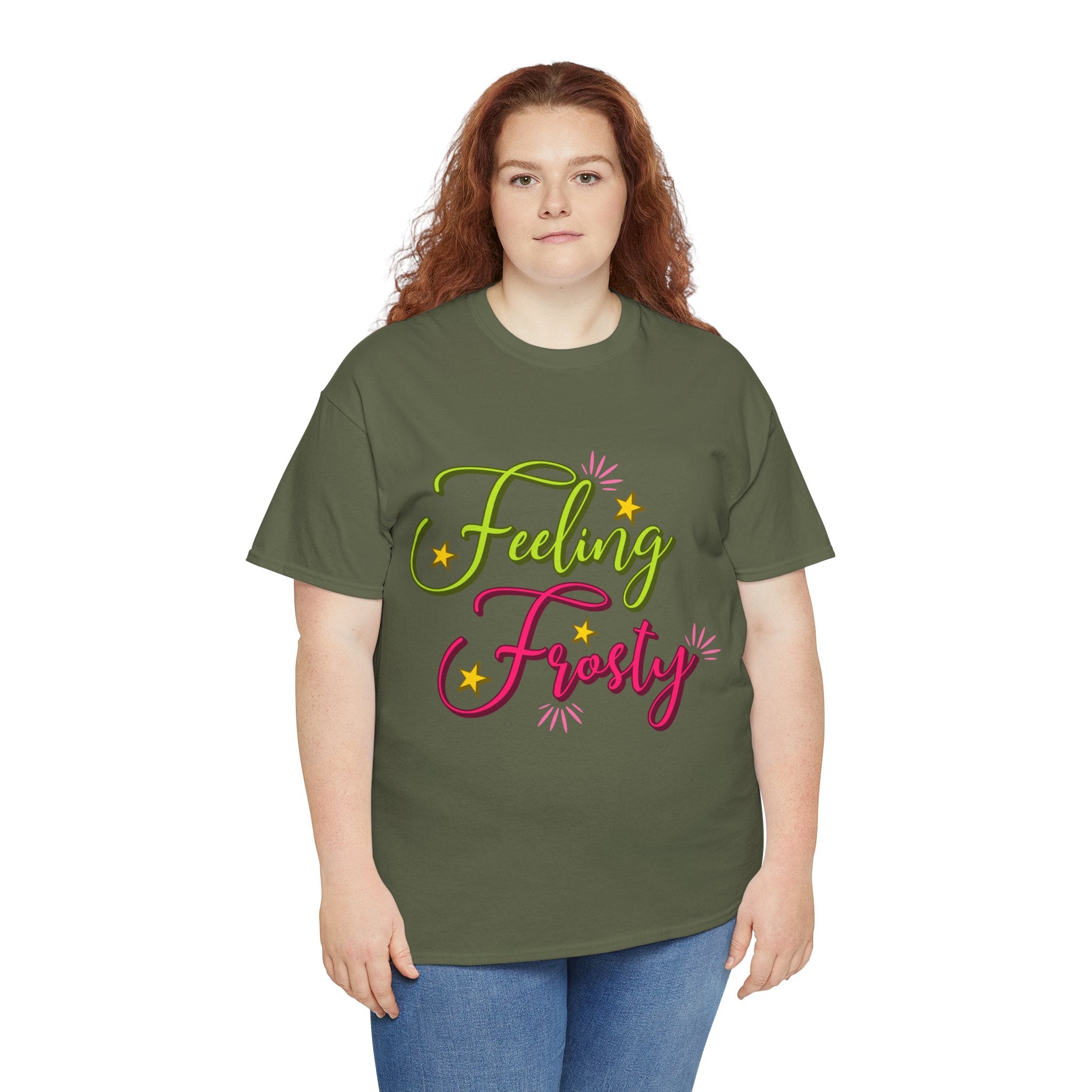 Feeling Frosty Holiday T-Shirt — Green & Pink Script Stars.Unisex Cotton Tee