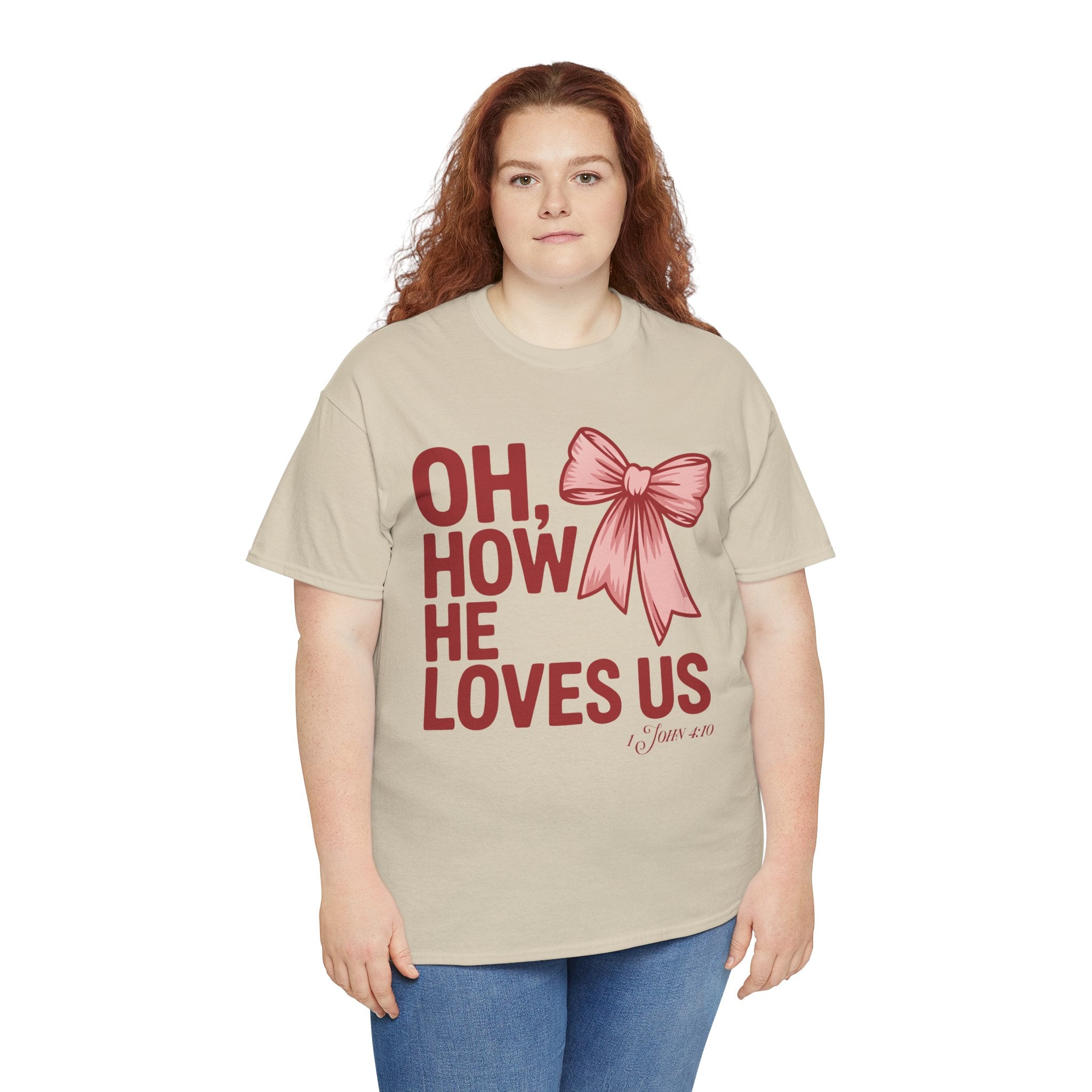 Oh, How He Loves Us Christian Valentine Tee — 1 John 4:10 Red & Pink Unisex Cotton Tee
