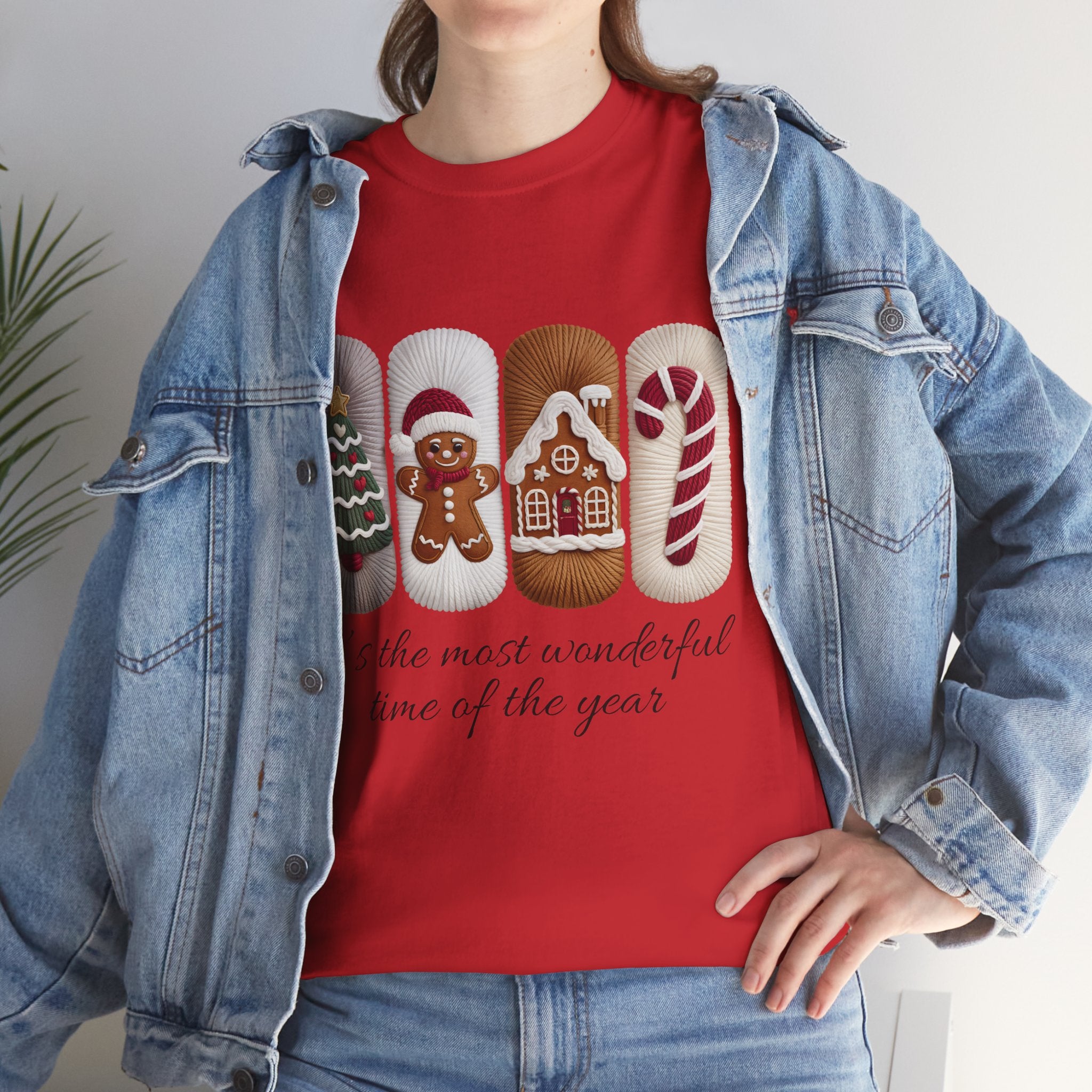 Christmas Faux-Yarn Tree Tee — Gingerbread House & Candy Cane Holiday Unisex Cotton T-Shirt