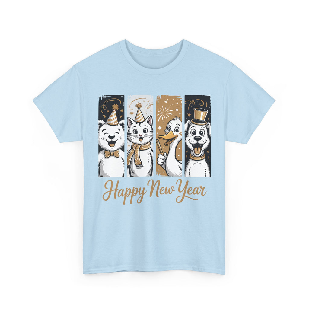 Happy New Year Party Animals T-Shirt — Cute Smiling Animals in Party Hats & Gold Fireworks..Unisex Cotton Tee