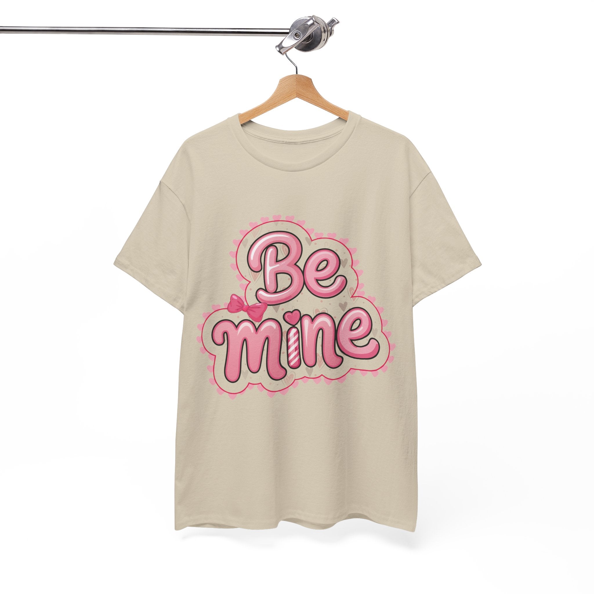 Be Mine Valentine T-Shirt — Pink Bubble Letters with Hearts & Bow..Unisex Cotton Tee