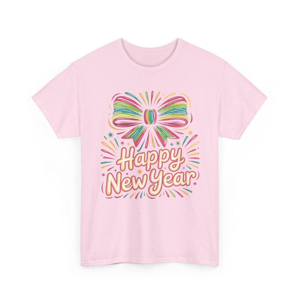 Happy New Year Pastel Tee — Rainbow Bow & Fireworks Celebration Unisex Cotton Tshirt