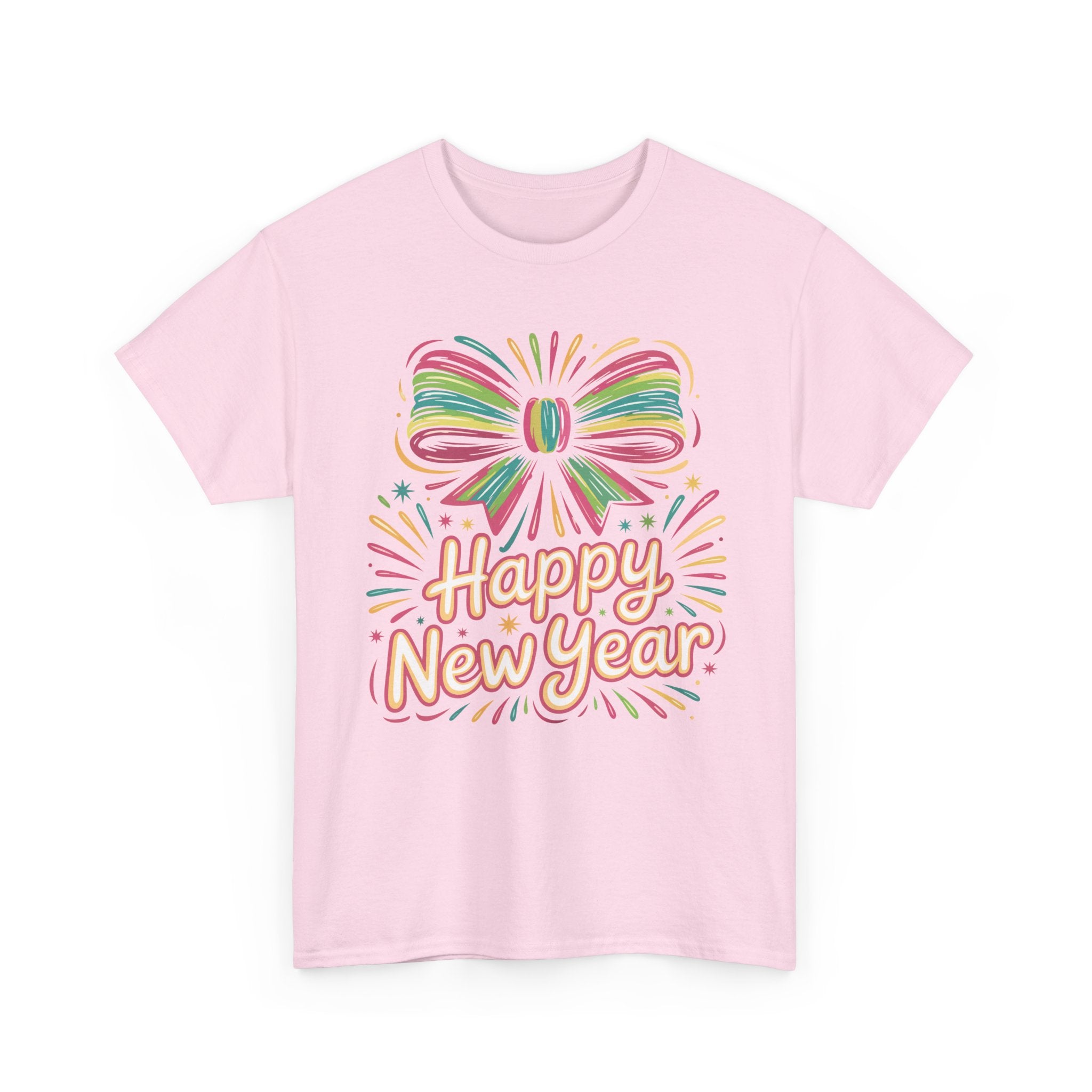 Happy New Year Pastel Tee — Rainbow Bow & Fireworks Celebration Unisex Cotton Tshirt