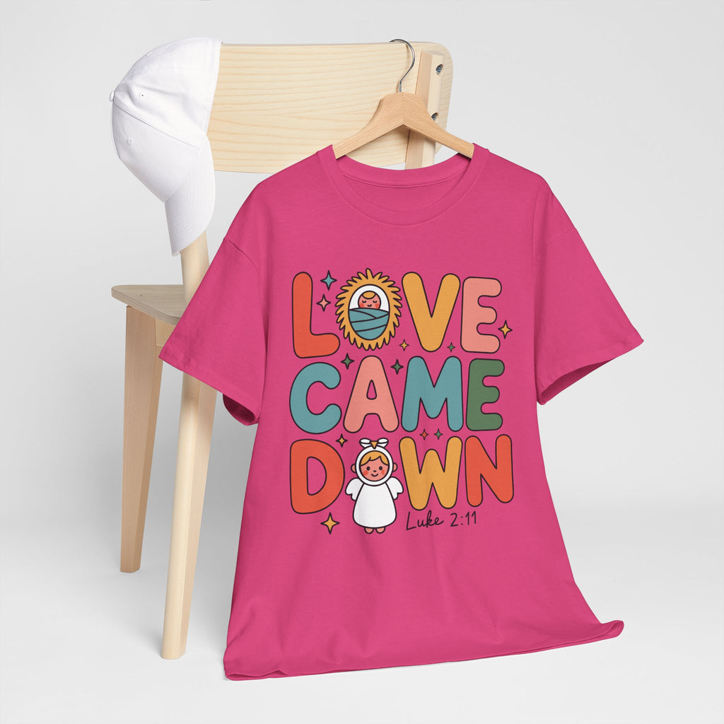 Love Came Down Christmas Tee — Baby Jesus Manger Angel (Luke 2:11)..Unisex Cotton Tee