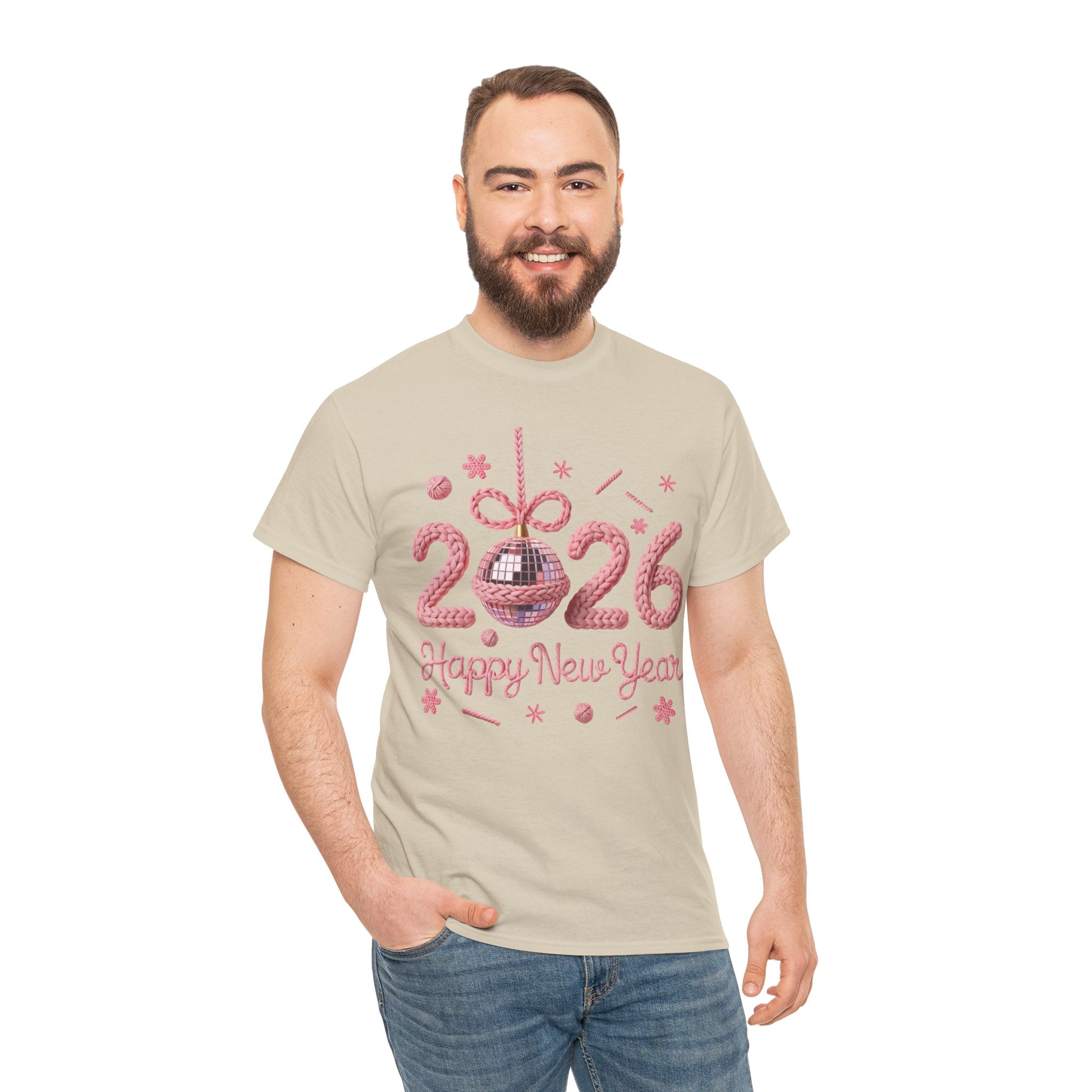 2026 Happy New Year Pink Knitted Disco Ball Unisex Cotton Tee
