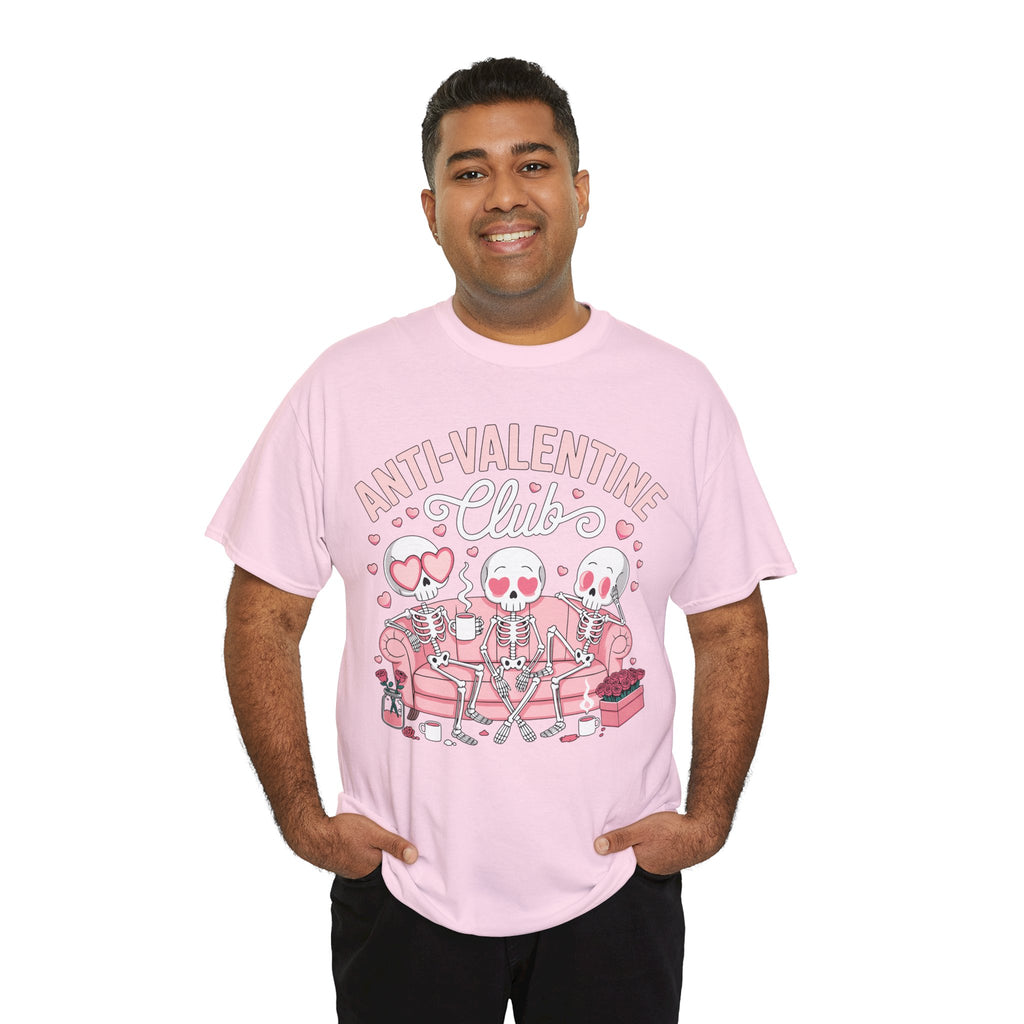 Anti-Valentine Club Skeleton Tee — Anti-Romance Pink Couch Graphic Unisex Cotton T-Shirt