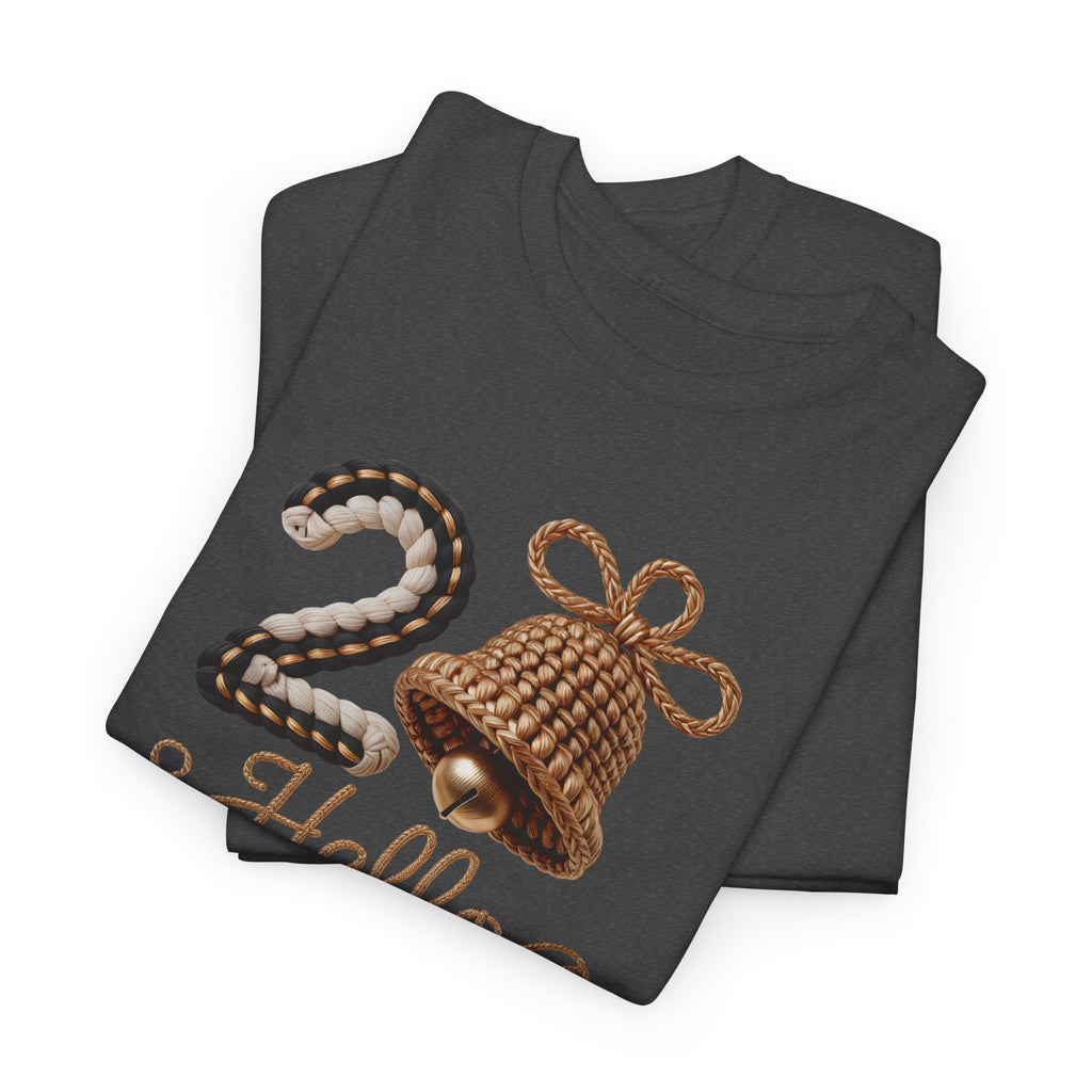 Hello 2026 Tee — Cozy Faux Yarn Braided Numbers with Woven Golden Bell..Unisex Cotton Tee