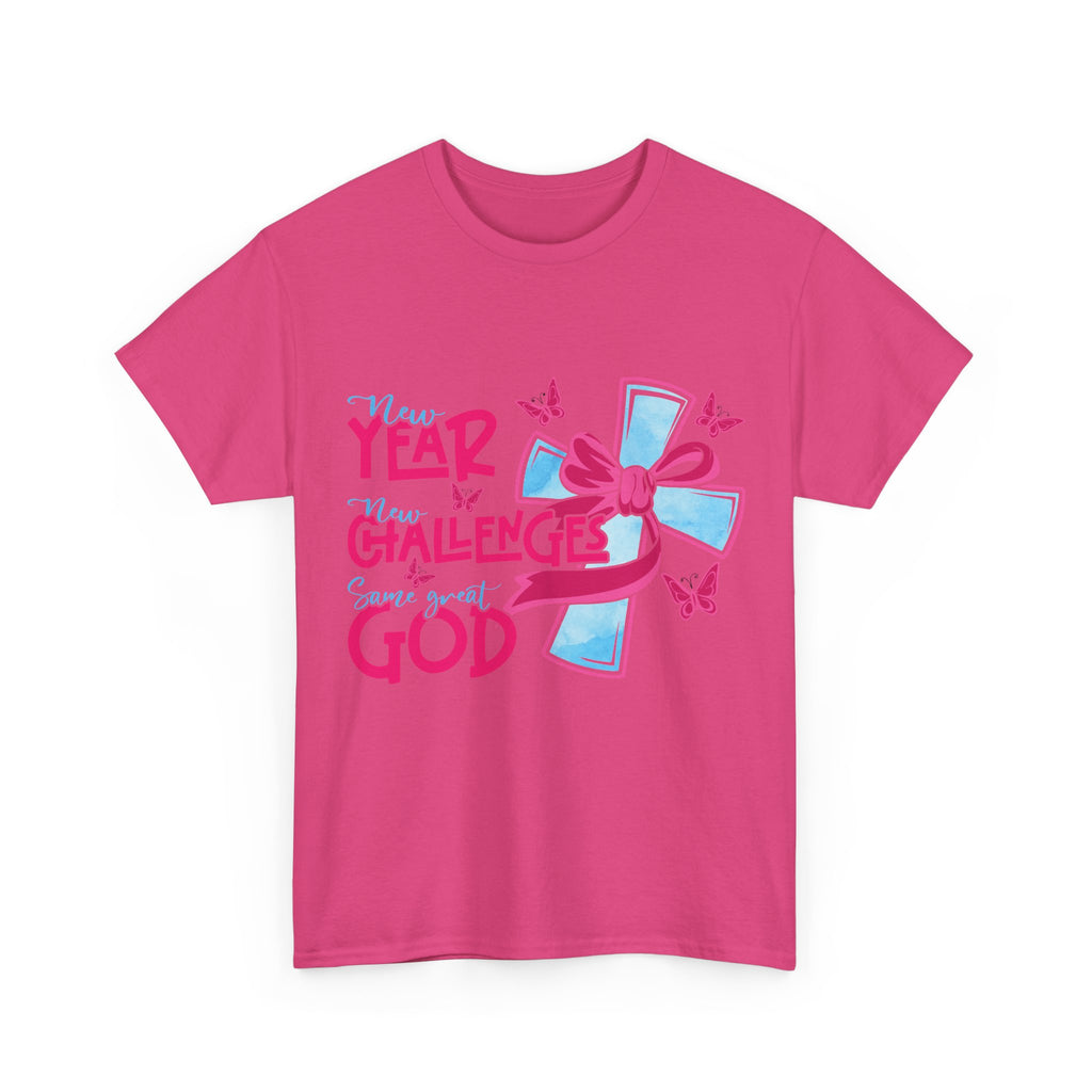 Christian T-Shirt — “New Year, New Challenges, Same Great God” with Pink Bow Cross & Butterflies. Unisex Cotton Tee