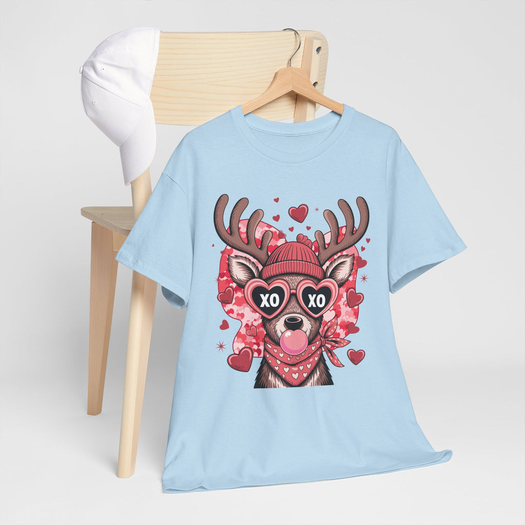 Valentine Deer Tee — Cute XO Heart Glasses, Beanie & Scarf Unisex Cotton Tshirt