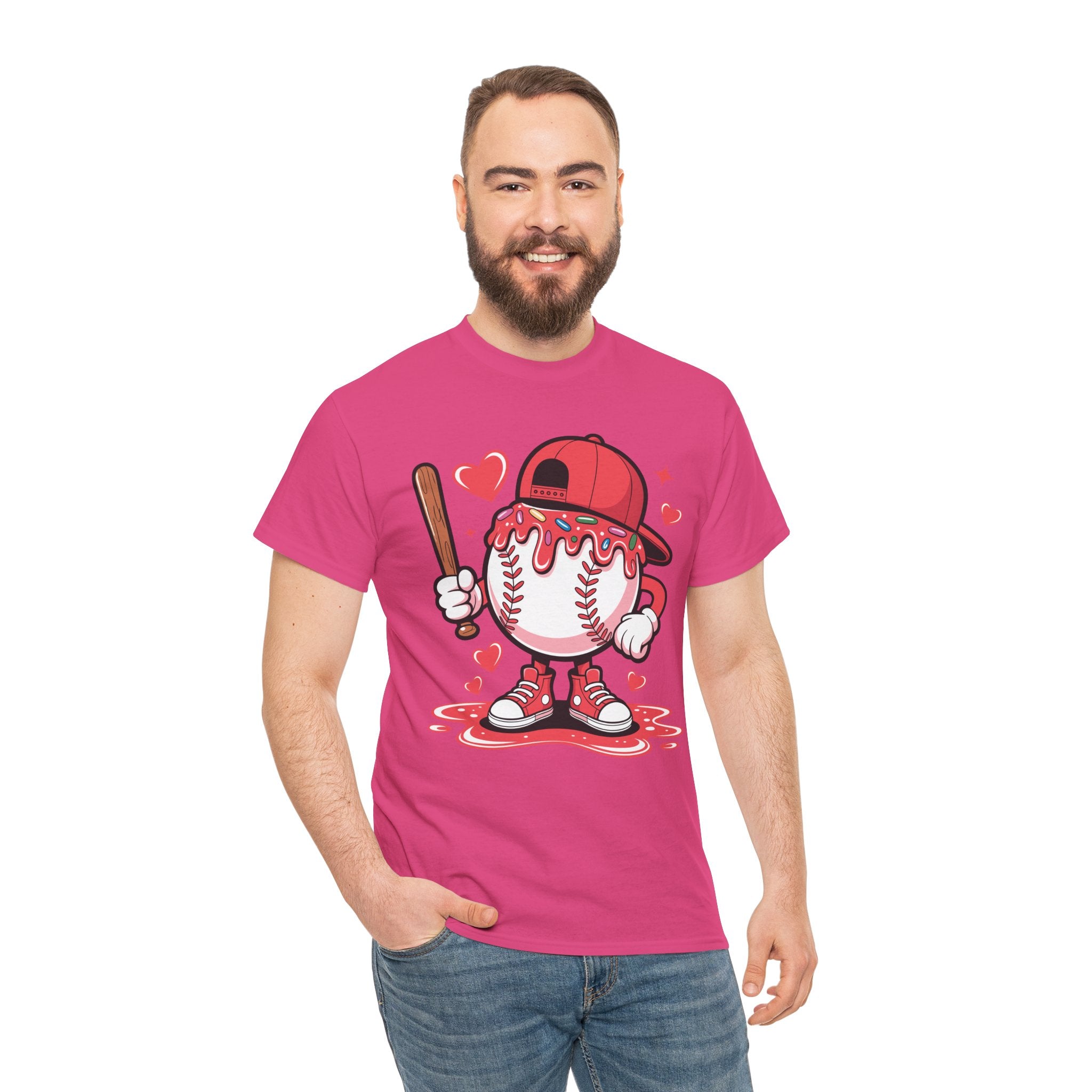 Cute Baseball Character T-Shirt — Red Cap & Icing Top Graphic with Hearts Unisex Cotton Tee