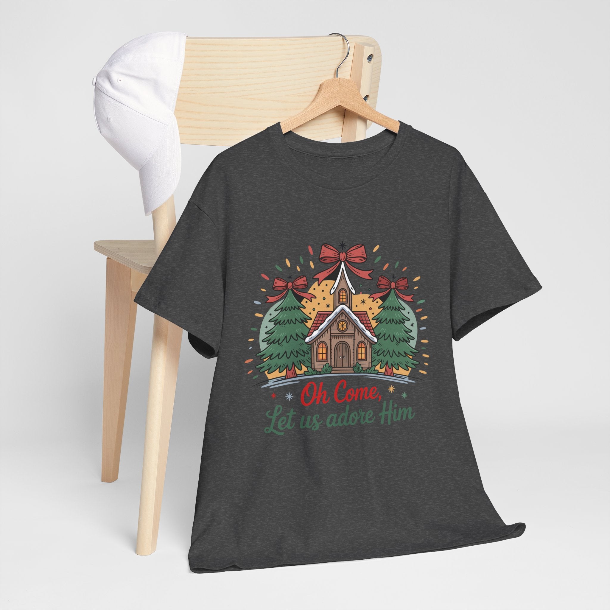 Oh Come Let Us Adore Him Christmas Tee — Church & Trees Holiday Unisex Cotton Tshirt