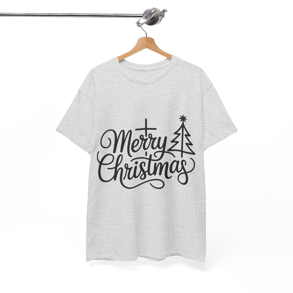 Merry Christmas Script T-Shirt with Cross & Tree(Unisex Cotton Tee)