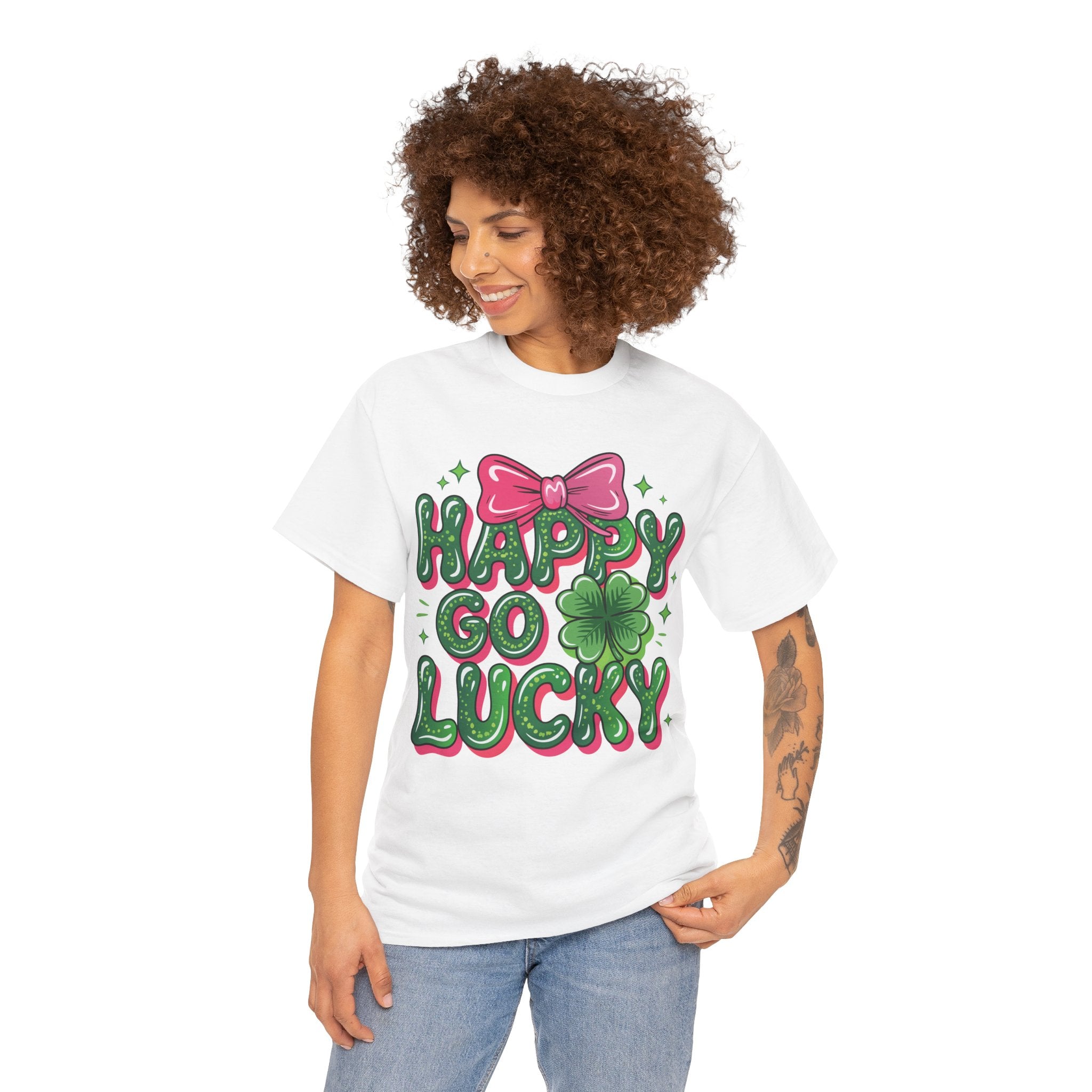 Happy Go Lucky Four-Leaf Clover Tee — Glossy Green Letters & Pink Bow Unisex Cotton Tee