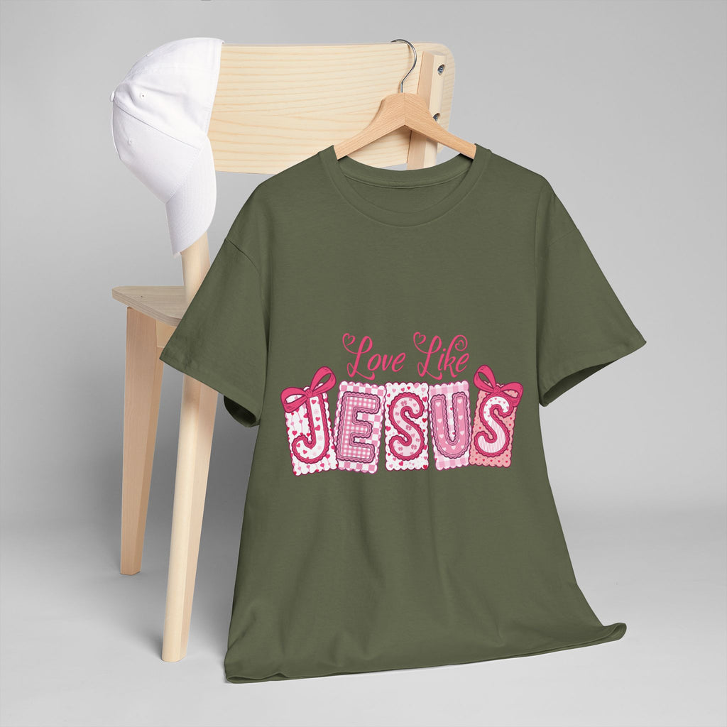 Love Like Jesus Patchwork Tee — Pink Stitched Heart Graphic.Unisex Cotton Tee
