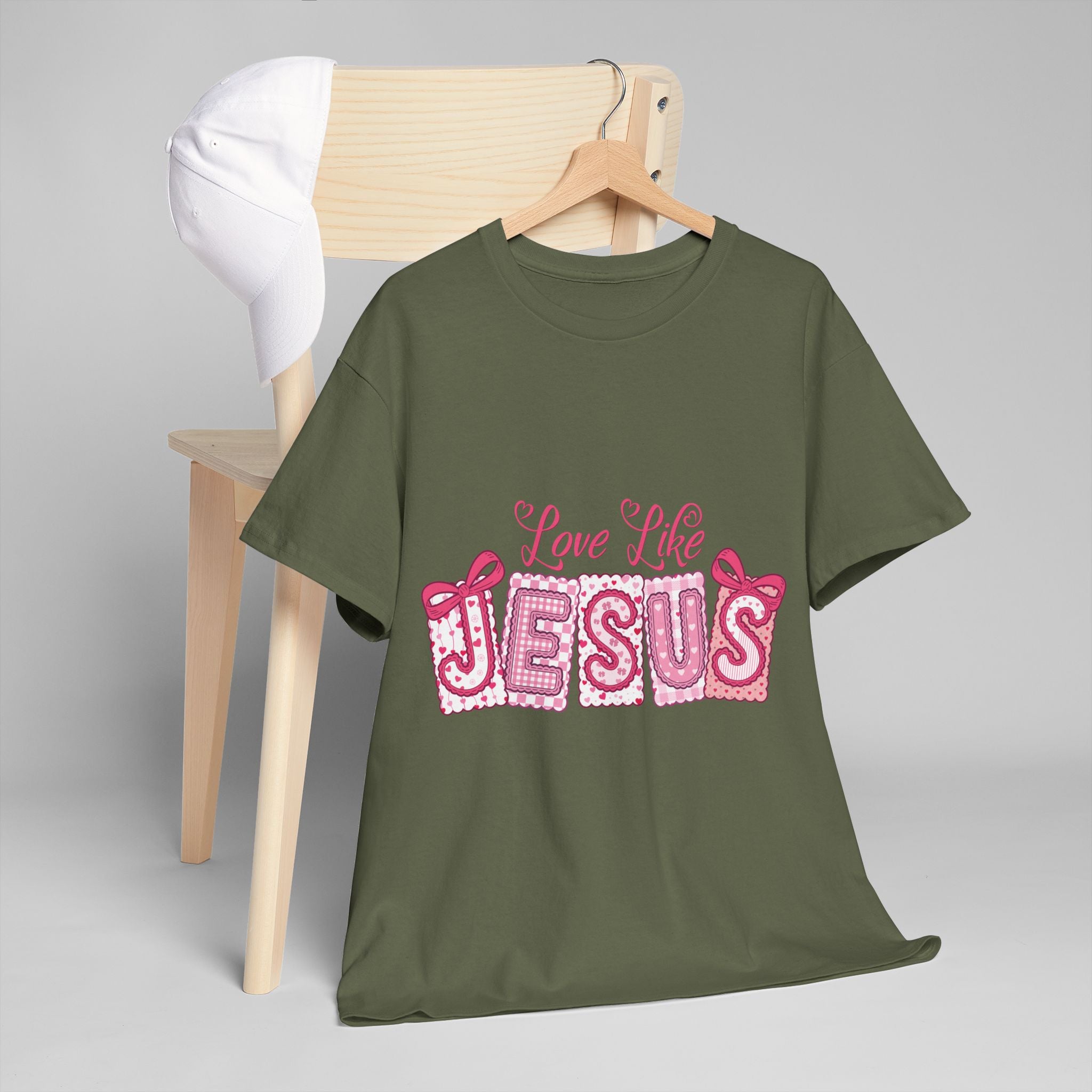 Love Like Jesus Patchwork Tee — Pink Stitched Heart Graphic.Unisex Cotton Tee