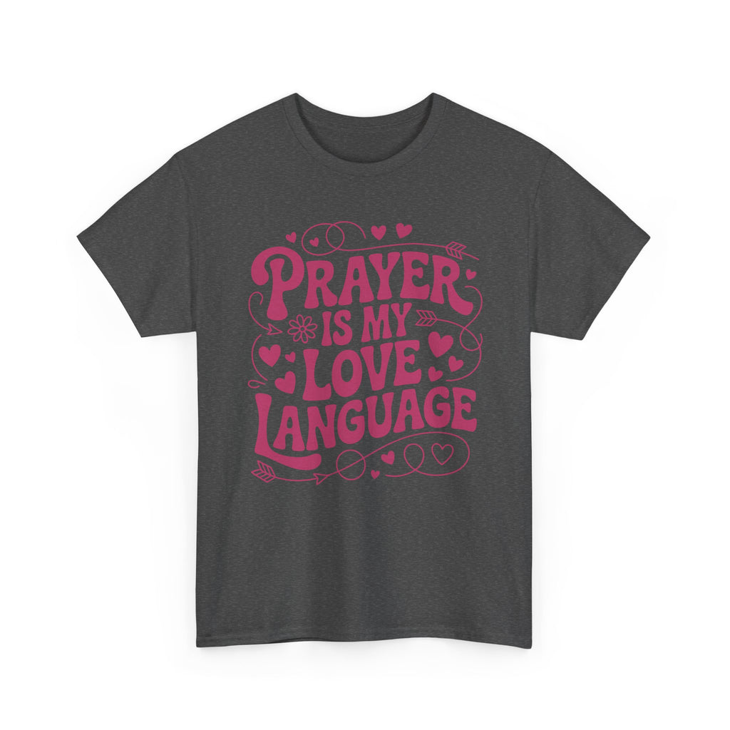 Prayer Is My Love Language Christian Tee — Pastel Pink Hearts Unisex Cotton Tee