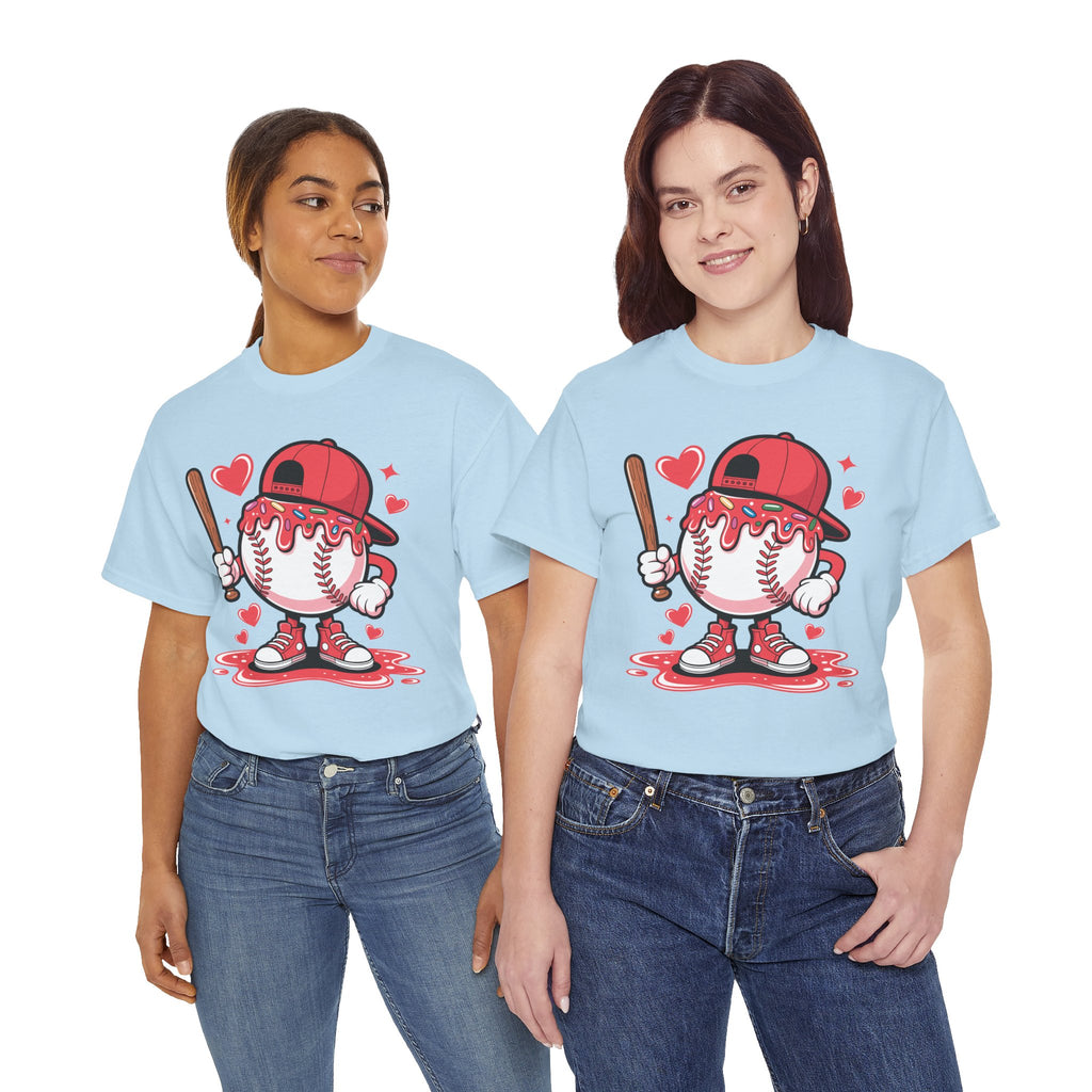 Cute Baseball Character T-Shirt — Red Cap & Icing Top Graphic with Hearts Unisex Cotton Tee