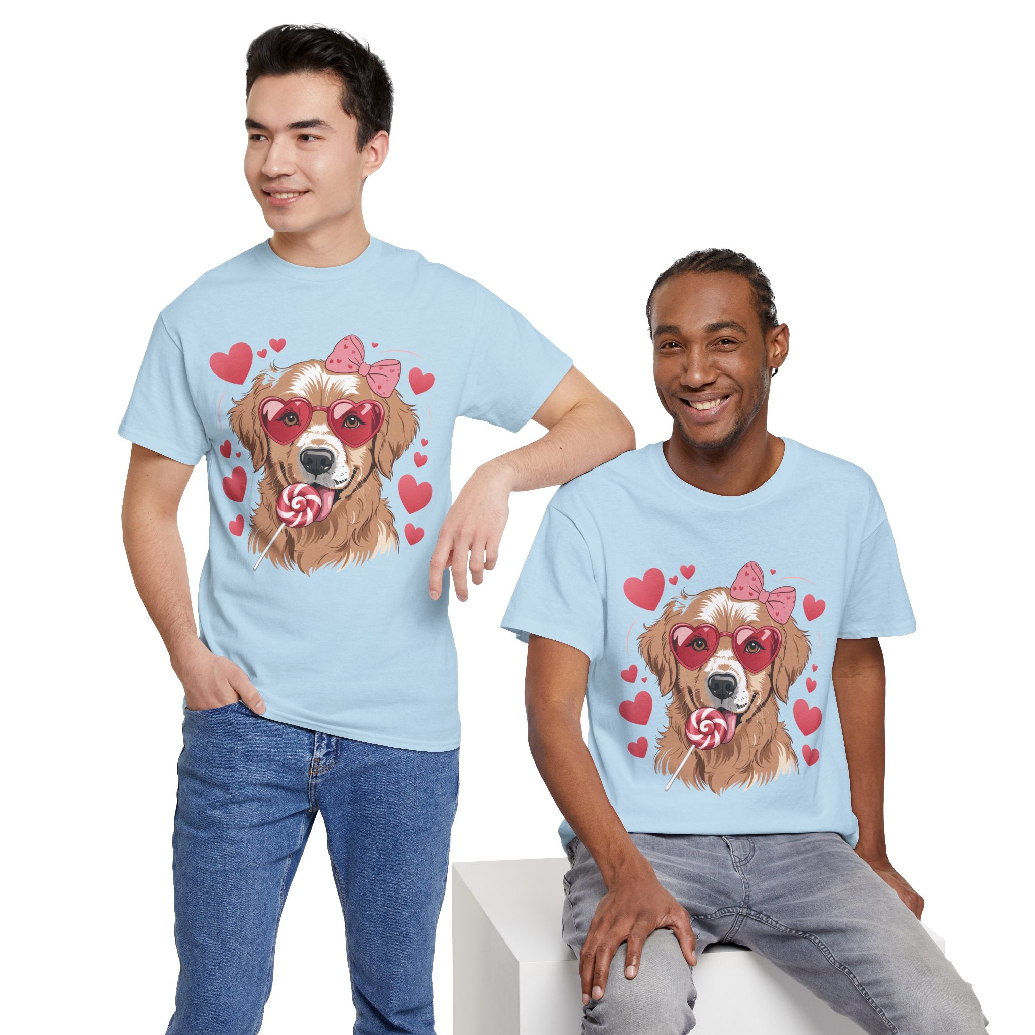 Valentine Dog T-Shirt — Cute Pup with Heart Glasses, Pink Bow & Lollipop..Unisex Cotton Tee