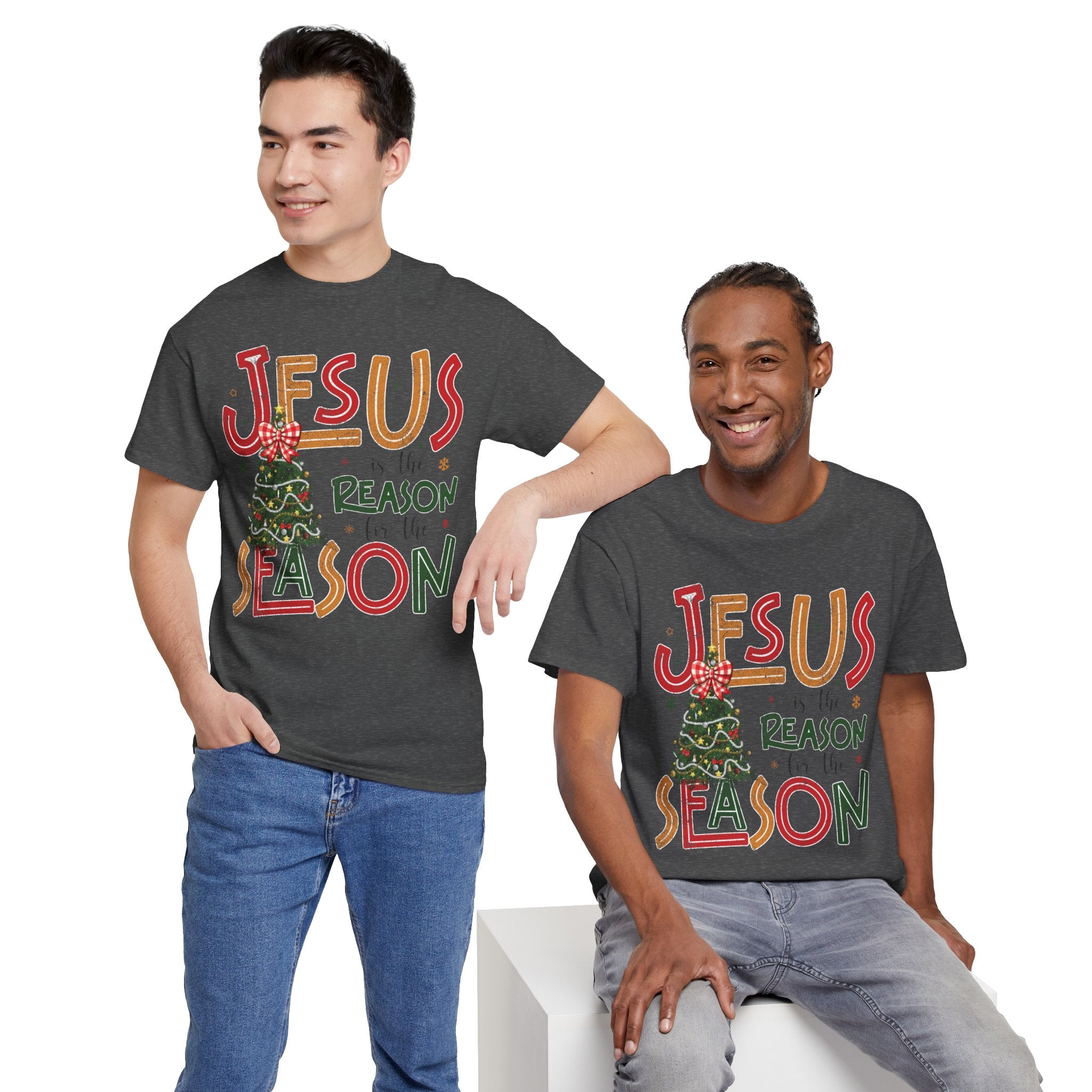 Jesus Is the Reason for the Season Christmas T-Shirt — Plaid Bow Tree..Unisex Cotton Tee