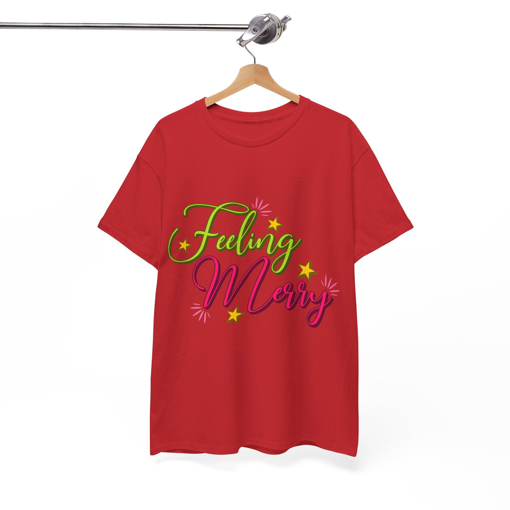 Feeling Merry T-Shirt — Bright Green & Pink Holiday Tee with Stars.Unisex Cotton Tee
