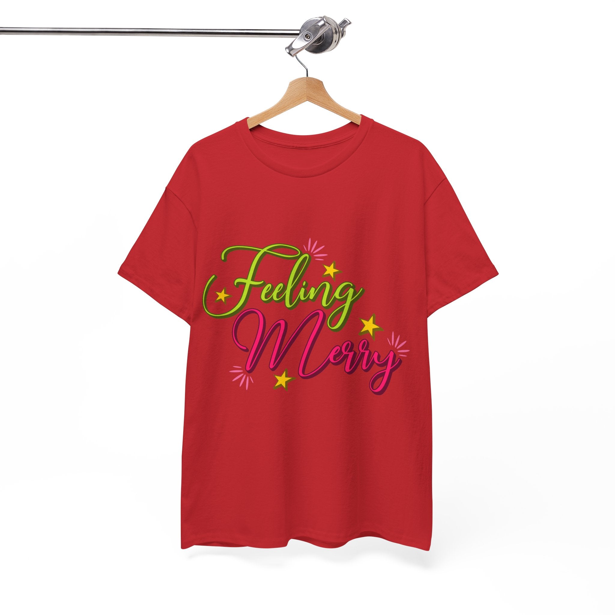Feeling Merry T-Shirt — Bright Green & Pink Holiday Tee with Stars.Unisex Cotton Tee