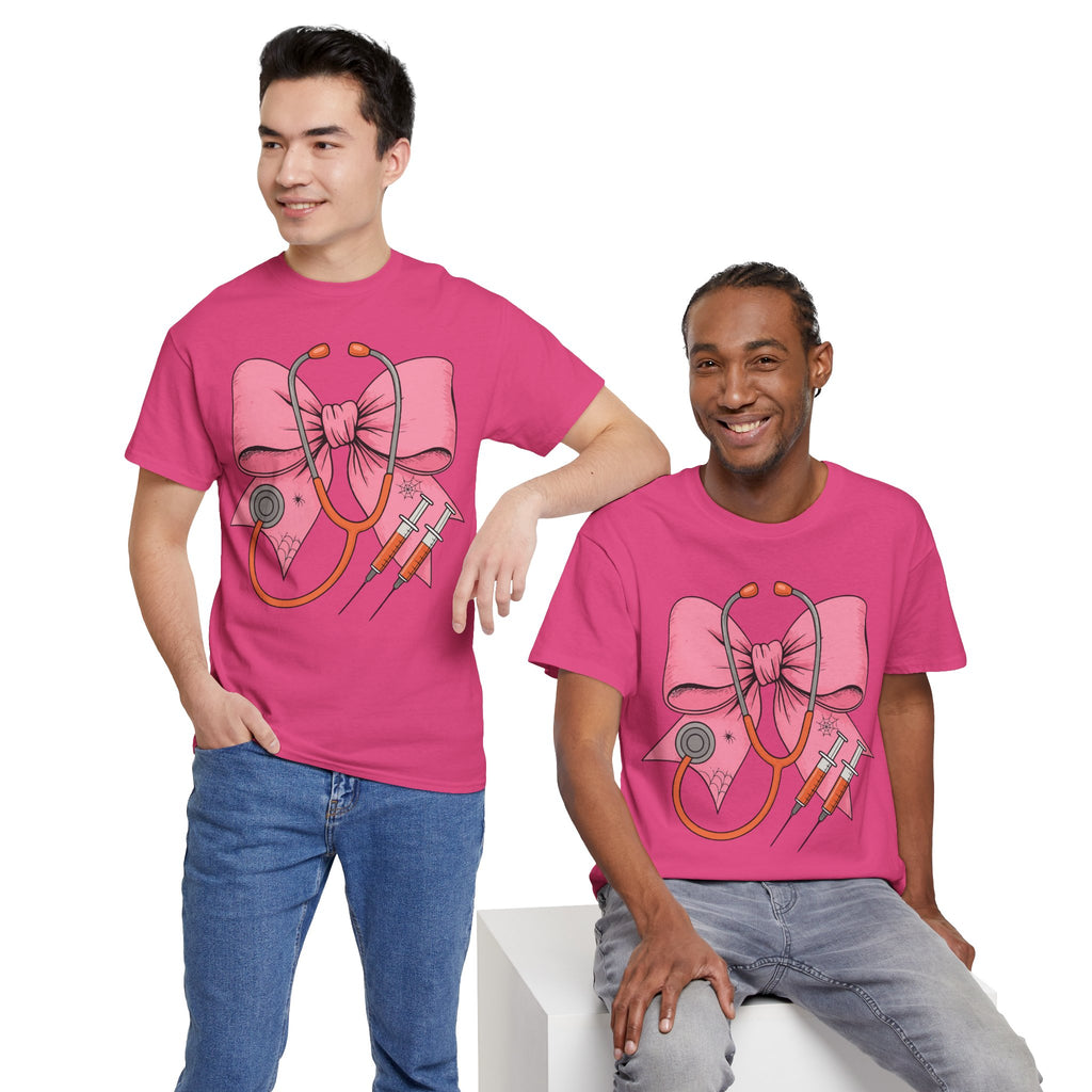 Halloween Nurse T‑Shirt — Pink Nurse Bow with Stethoscope, Syringes & Spider Webs..Unisex Cotton Tee