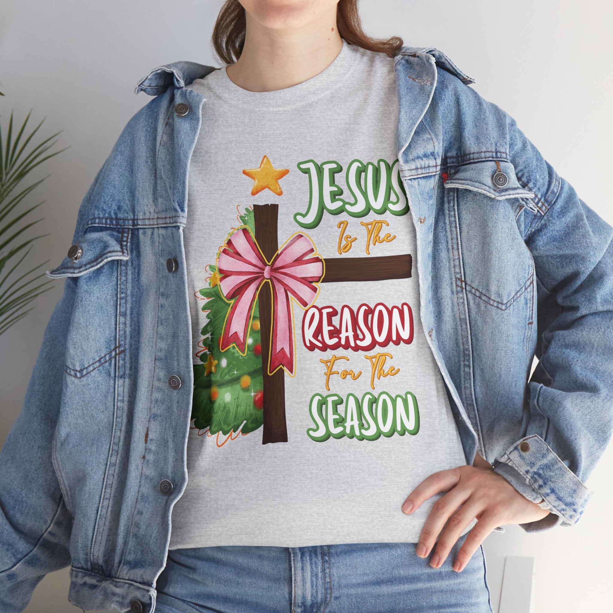 Jesus Is the Reason for the Season Christmas Tee — Cross with Pink Bow & Tree. Unisex Cotton Tee