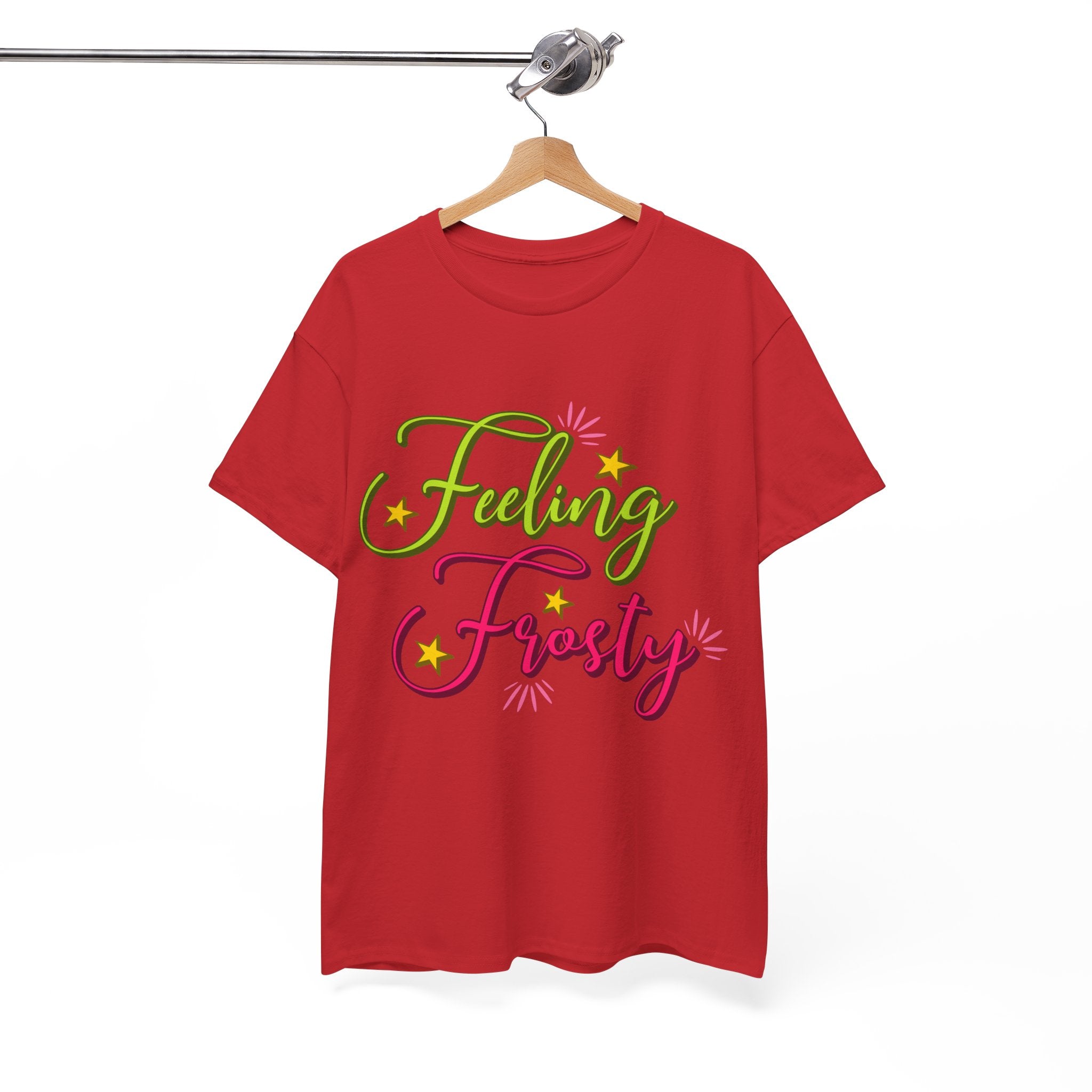 Feeling Frosty Holiday T-Shirt — Green & Pink Script Stars.Unisex Cotton Tee