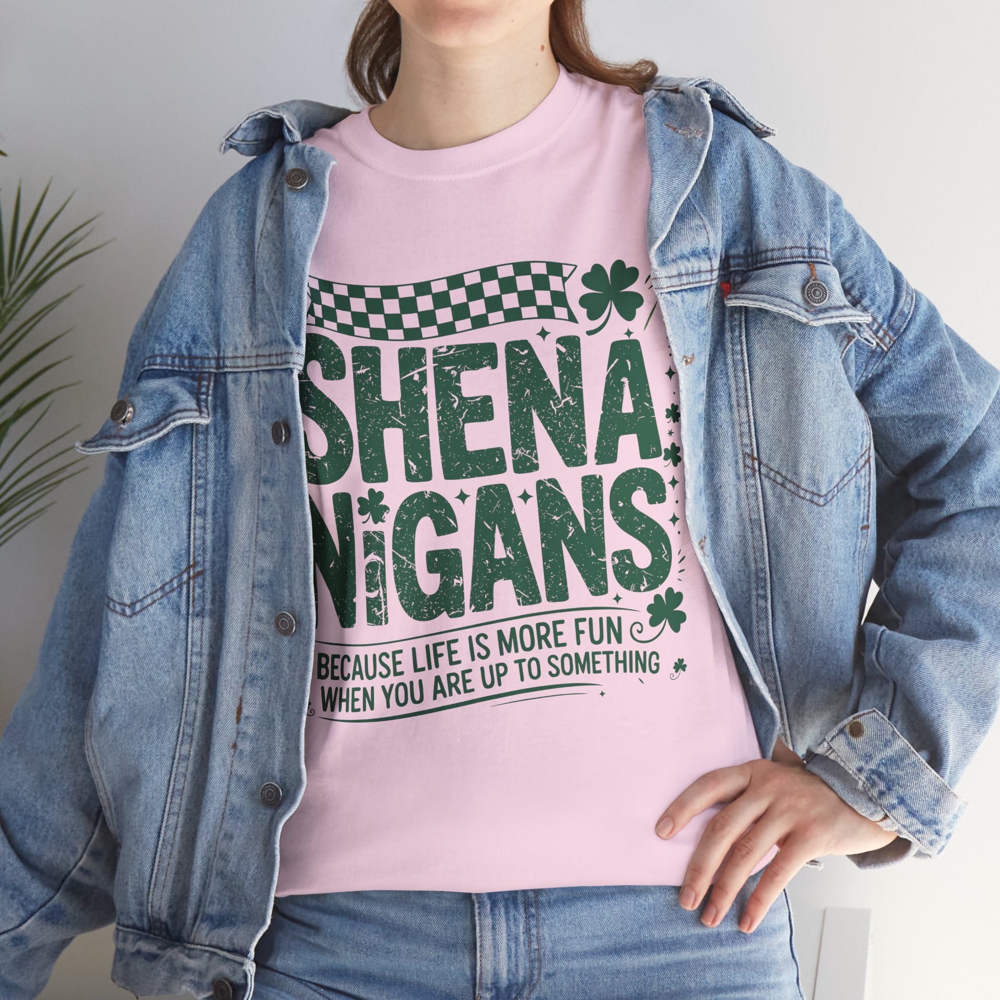 Shenanigans Clover Tee — Bright Green St. Patrick’s Day Shirt with Checkered Flag Unisex Cotton Tee