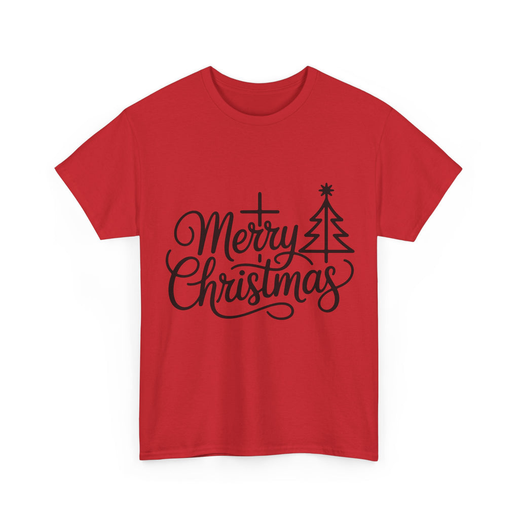Merry Christmas Script T-Shirt with Cross & Tree(Unisex Cotton Tee)