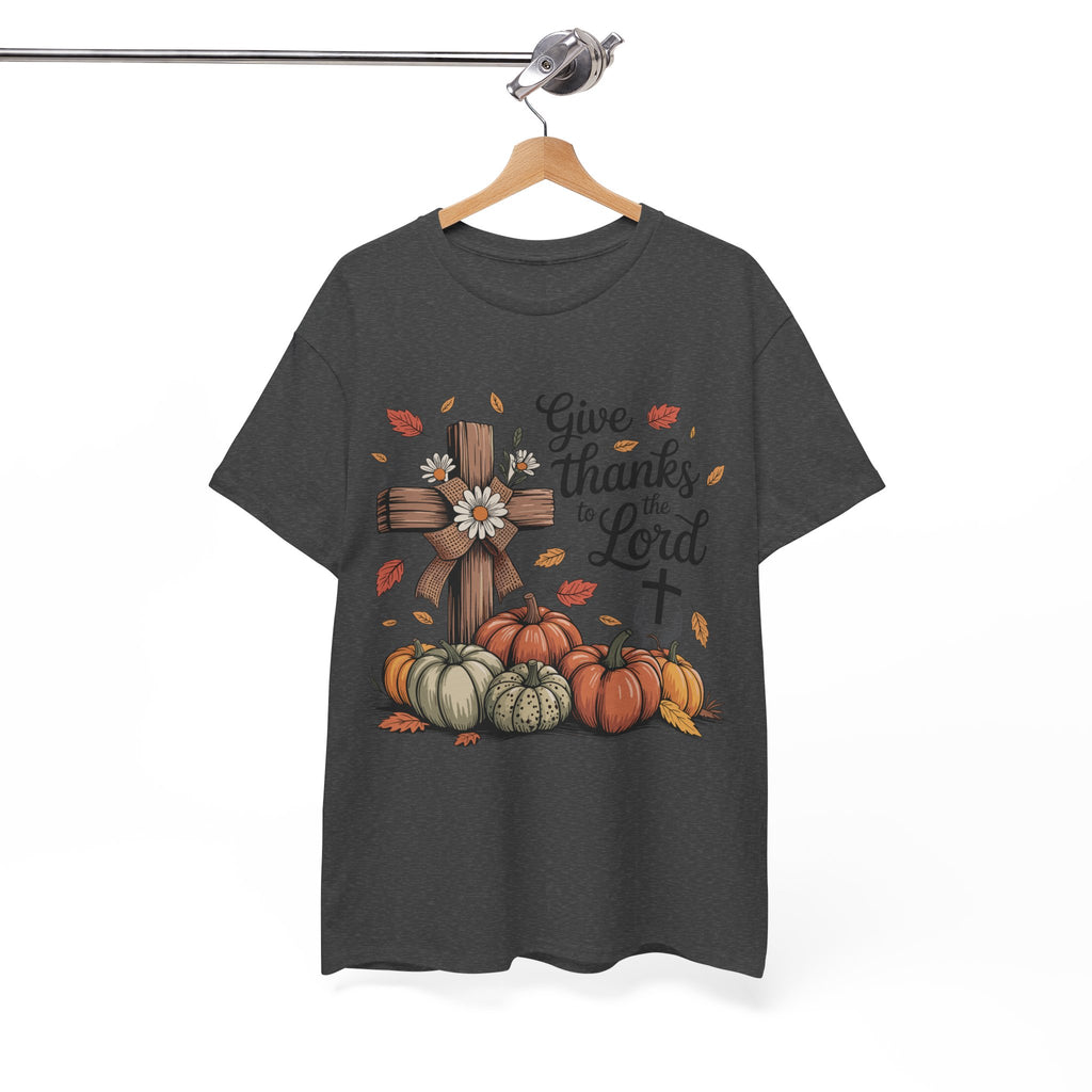 Give Thanks to the Lord Autumn Tee — Wooden Cross, Pumpkins & Daisies..Unisex Cotton Tee