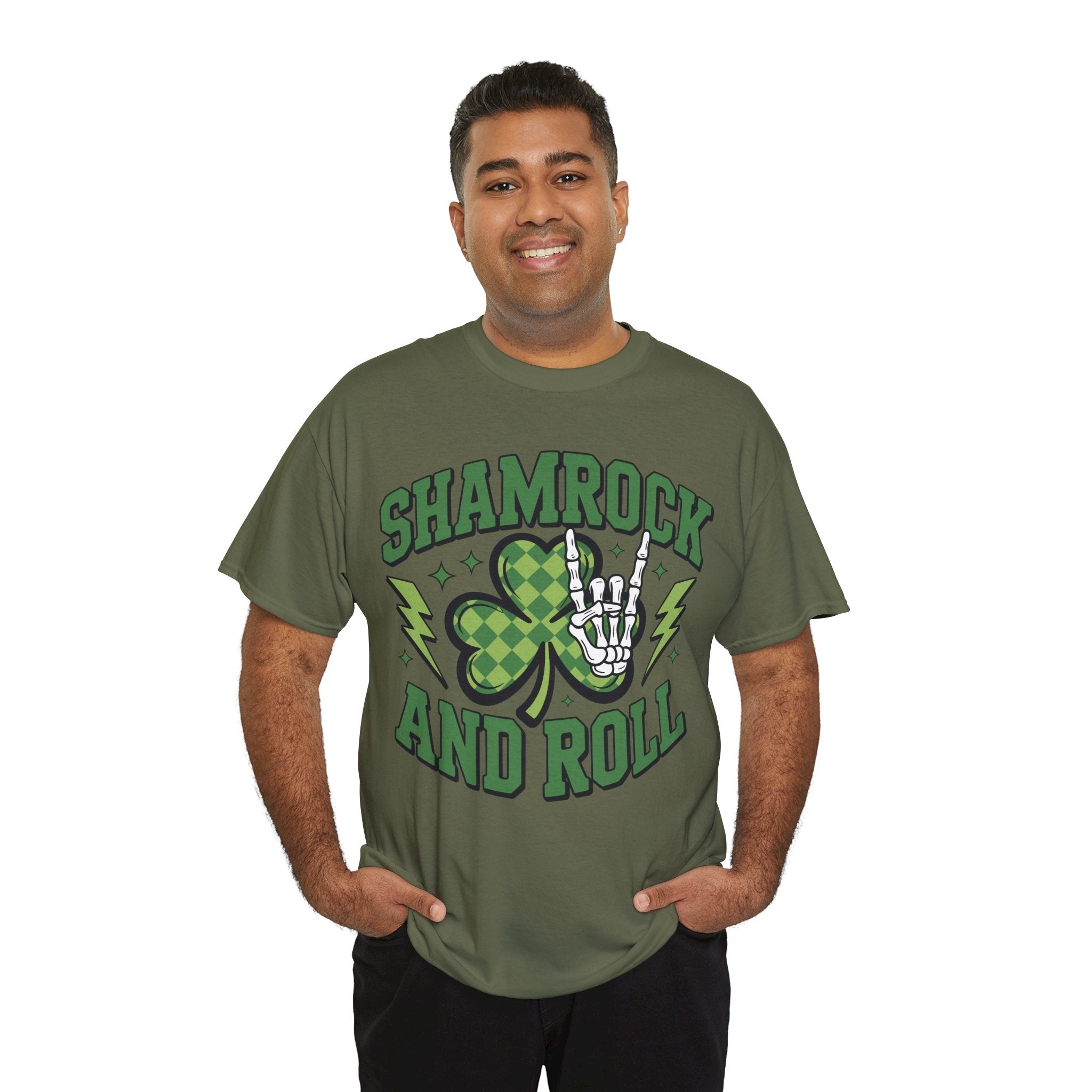 Shamrock and Roll Tee — Skeleton Hand & Lightning St. Patrick’s Rock Unisex Cotton Shirt