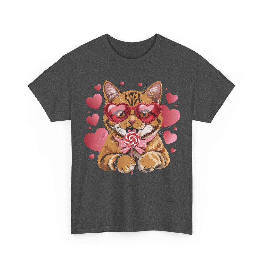 Valentine Cat Tee — Heart Glasses, Lollipop Bow Unisex Cotton Tee