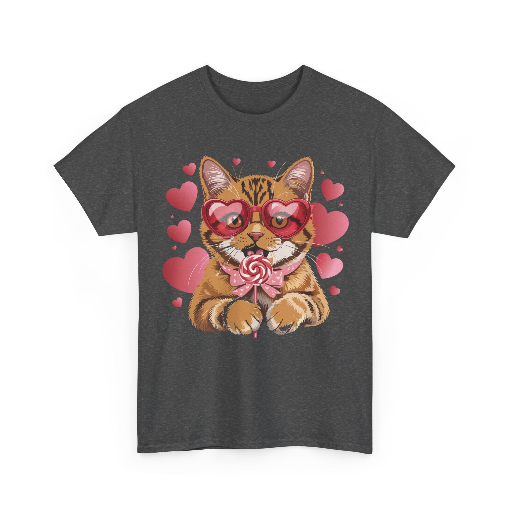 Valentine Cat Tee — Heart Glasses, Lollipop Bow Unisex Cotton Tee
