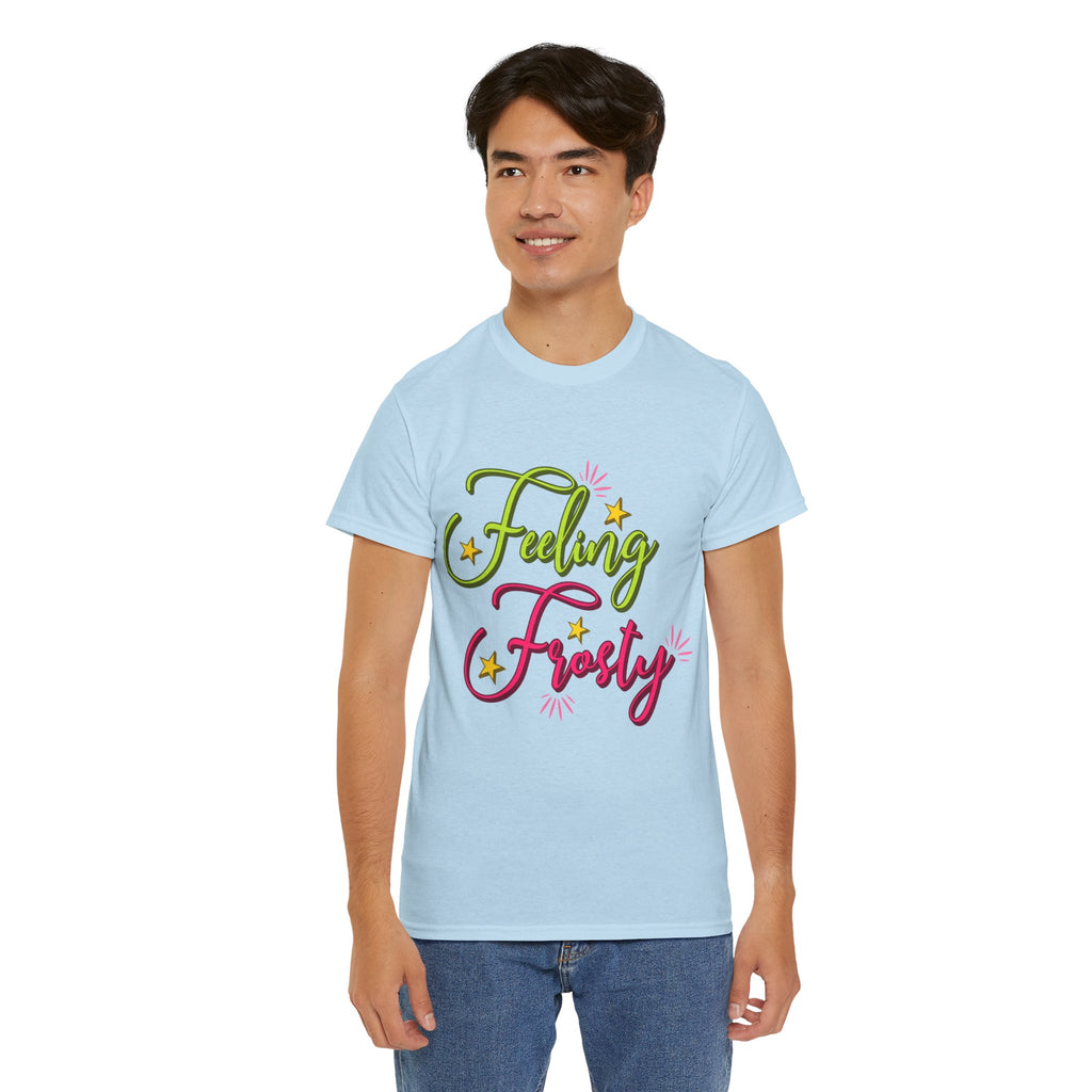 Feeling Frosty Holiday T-Shirt — Green & Pink Script Stars.Unisex Cotton Tee