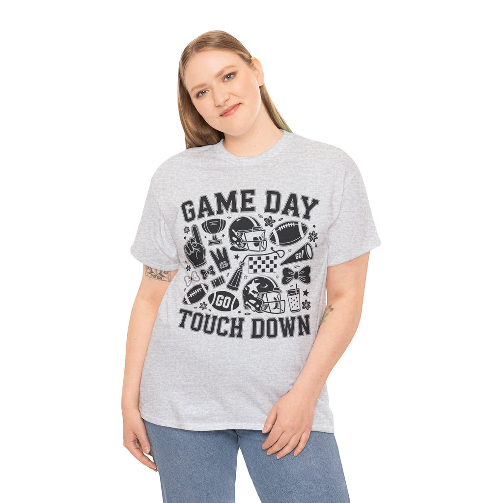 Game Day Touch Down Football T‑Shirt — Helmet & Cheer Monochrome Design Unisex Cotton Tee