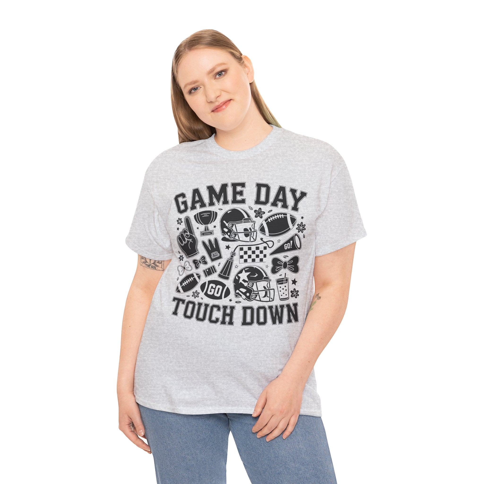 Game Day Touch Down Football T‑Shirt — Helmet & Cheer Monochrome Design Unisex Cotton Tee