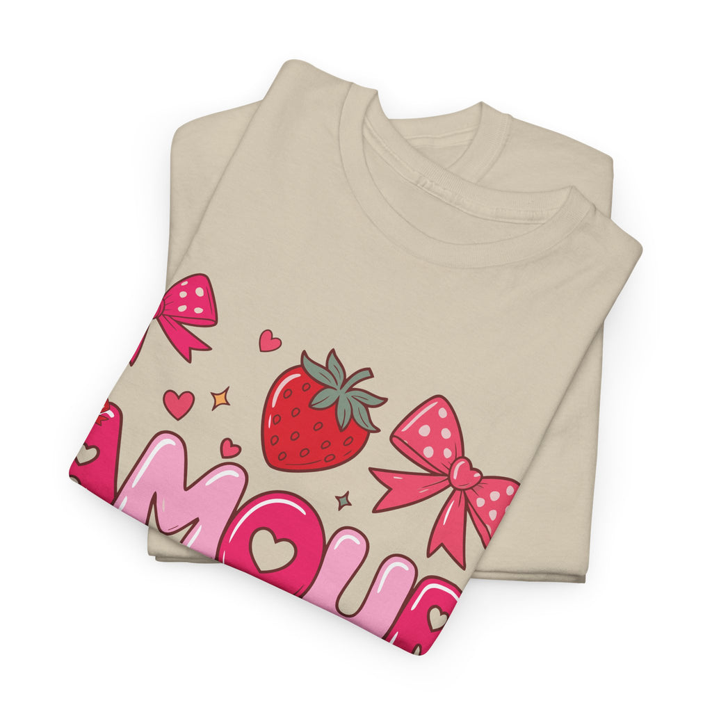 Amour Pink Hearts Tee — Shiny Lettering with Bows, Cherries & Strawberry Accent...Unisex Cotton Tee