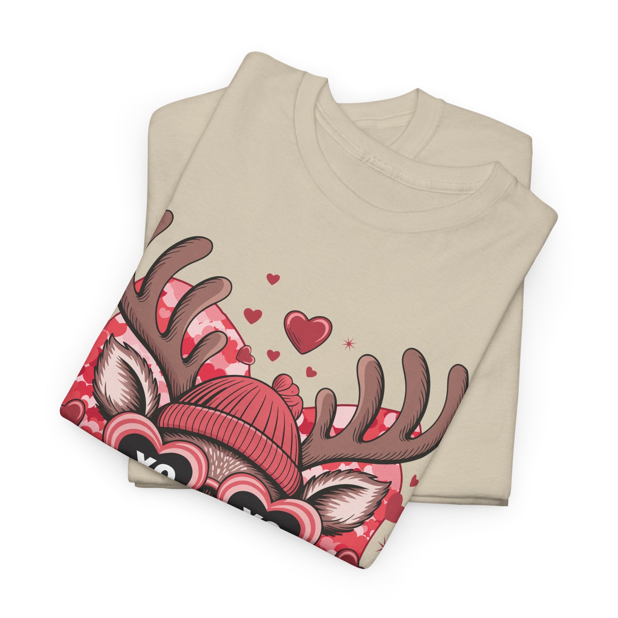 Valentine Deer Tee — Cute XO Heart Glasses, Beanie & Scarf Unisex Cotton Tshirt