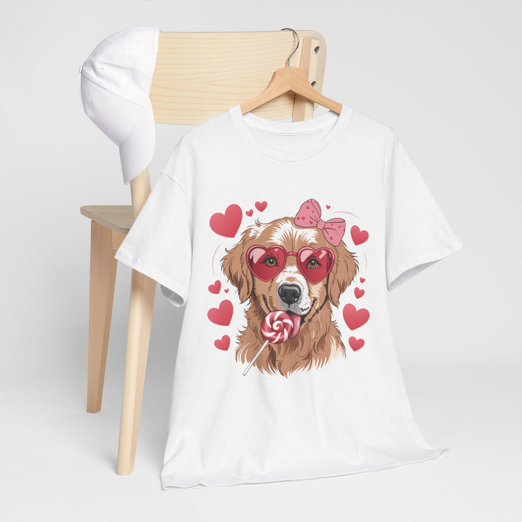 Valentine Dog T-Shirt — Cute Pup with Heart Glasses, Pink Bow & Lollipop..Unisex Cotton Tee
