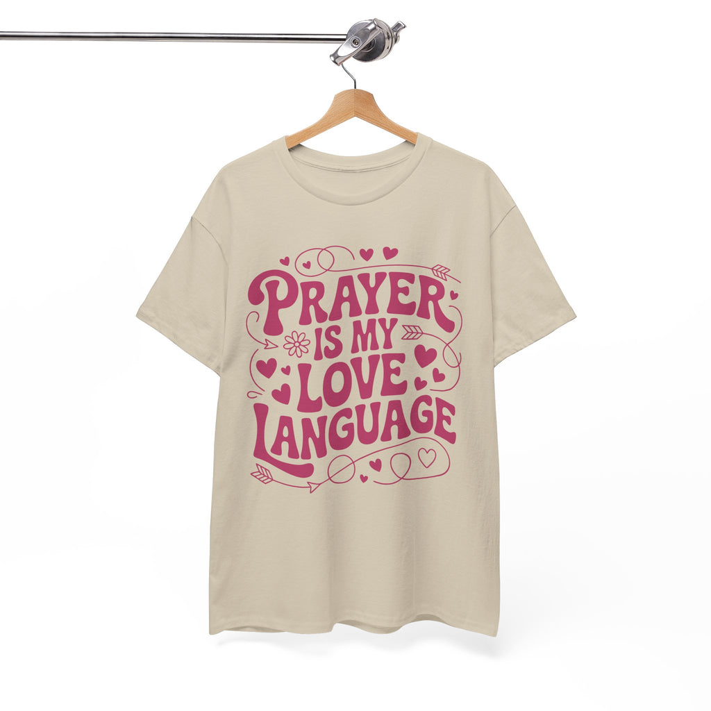 Prayer Is My Love Language Christian Tee — Pastel Pink Hearts Unisex Cotton Tee